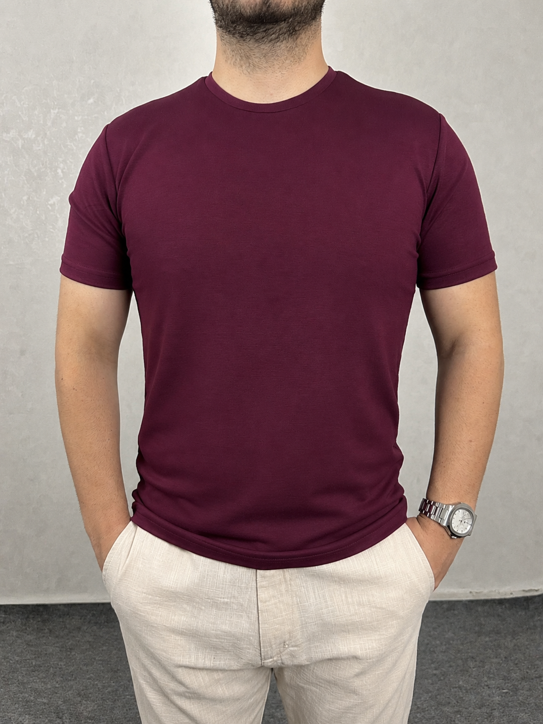 OYHSO Kumaş Bisiklet Yaka Tişört - Bordo
