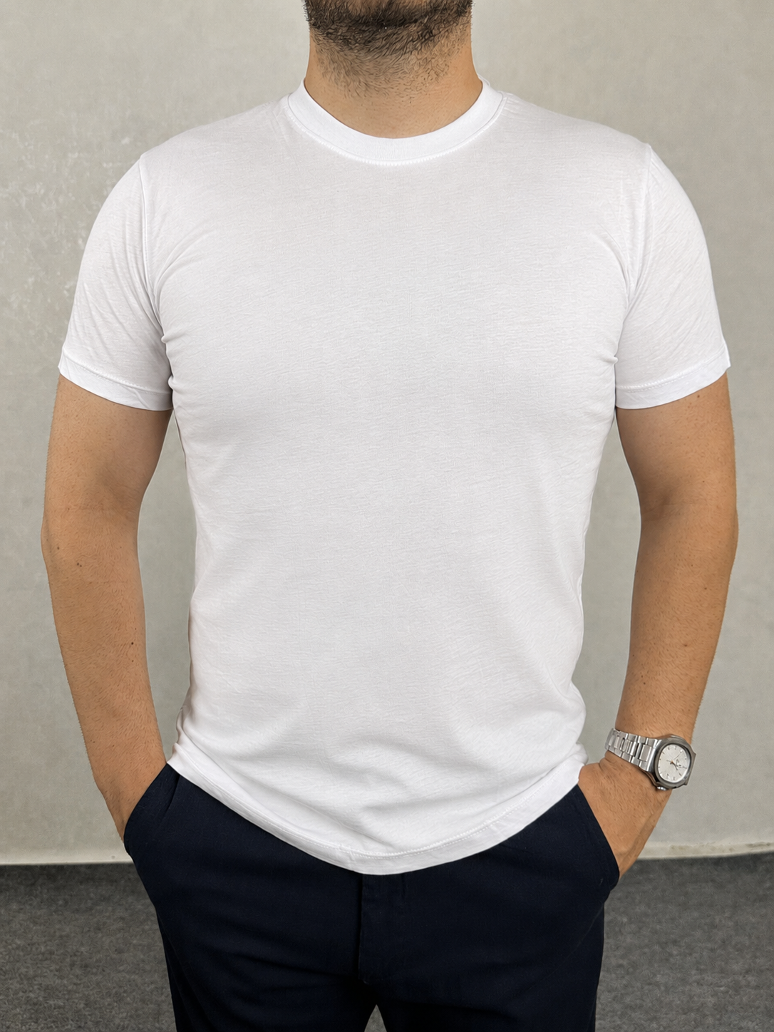 Basic Slim Bisiklet Yaka Tişört - Beyaz