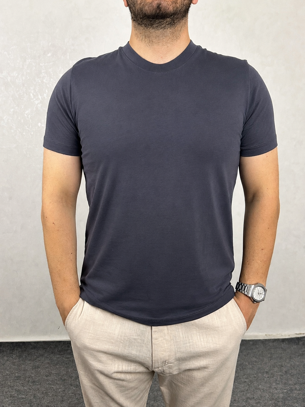 Basic Slim Bisiklet Yaka Tişört - Gri