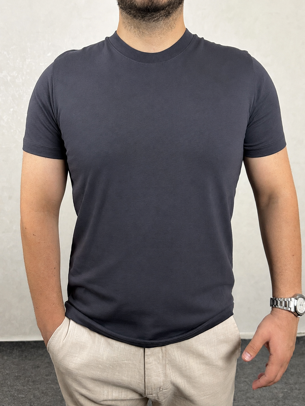 Basic Slim Bisiklet Yaka Tişört - Gri