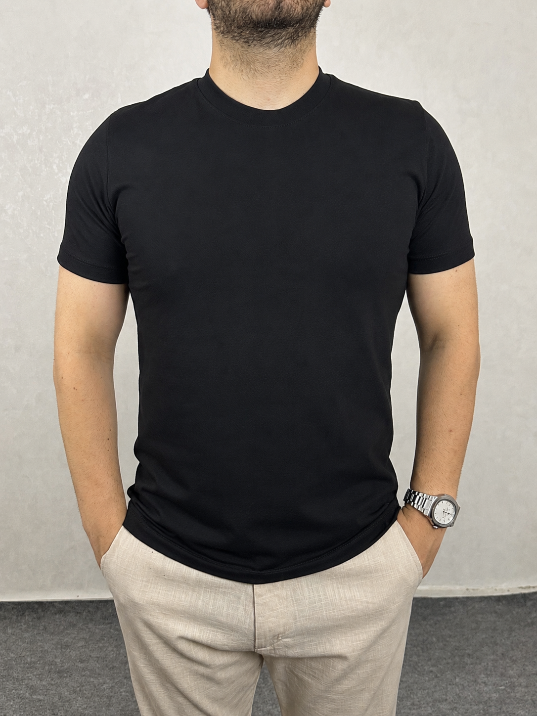 Basic Slim Bisiklet Yaka Tişört - Siyah
