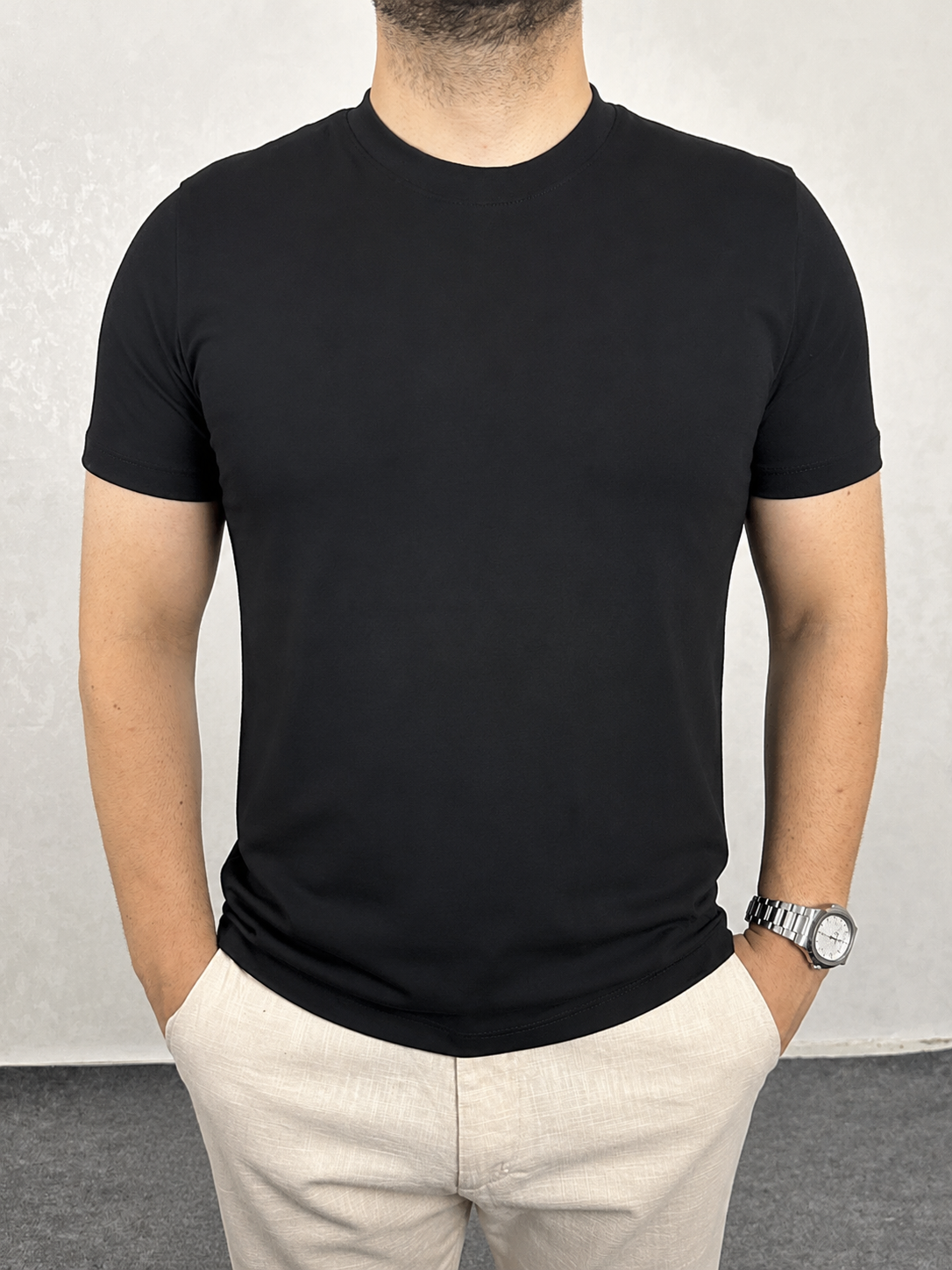 Basic Slim Bisiklet Yaka Tişört - Siyah