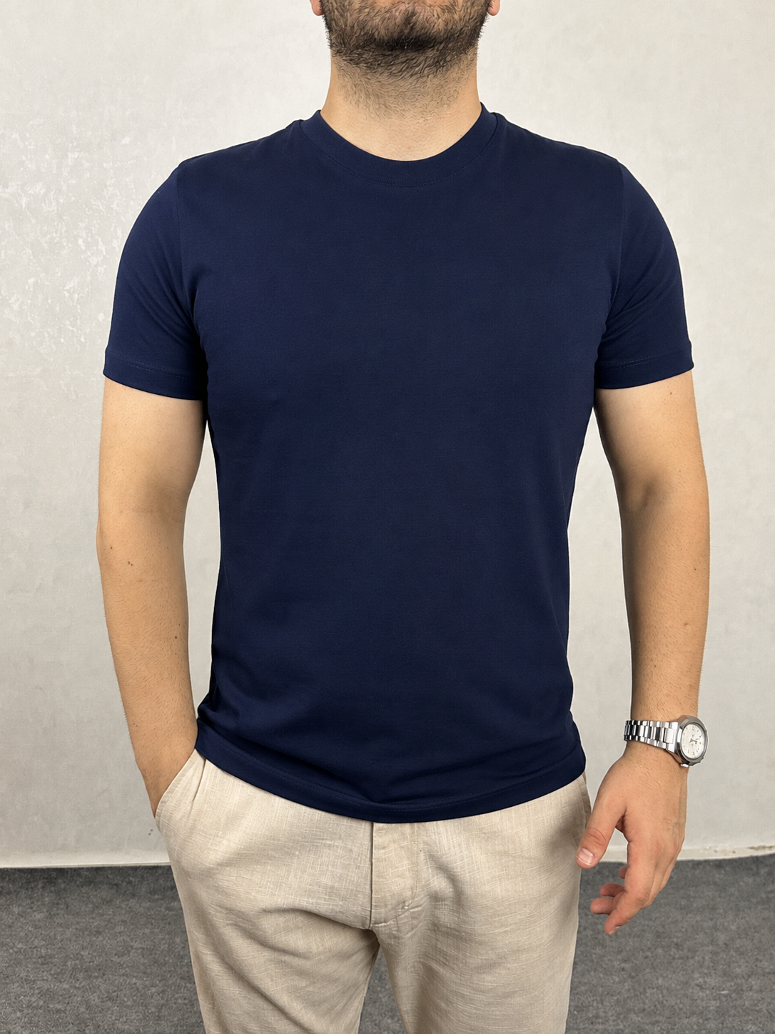 Basic Slim Bisiklet Yaka Tişört - Lacivert