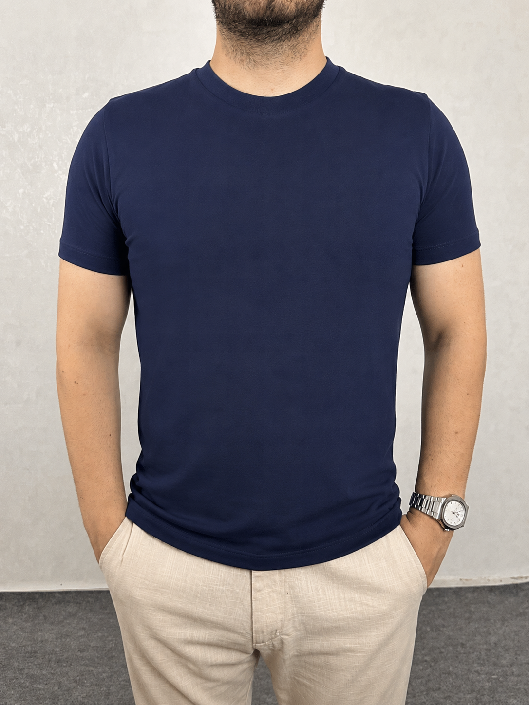 Basic Slim Bisiklet Yaka Tişört - Lacivert
