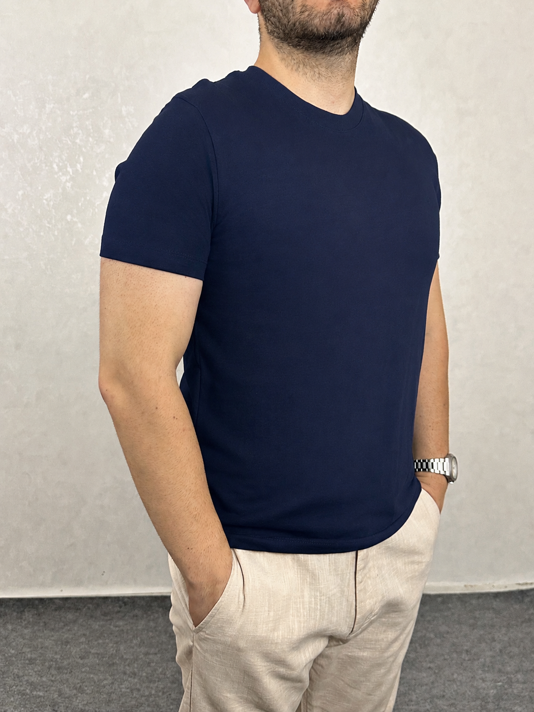 Basic Slim Bisiklet Yaka Tişört - Lacivert