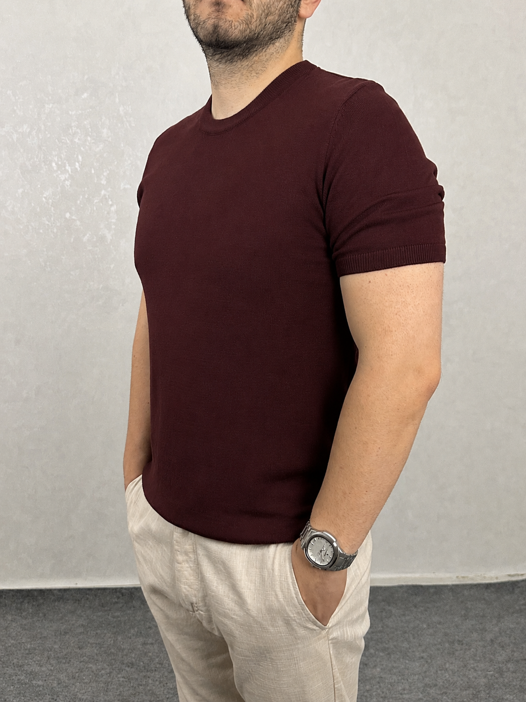 Basic Triko Bisiklet Yaka Tişört - Bordo