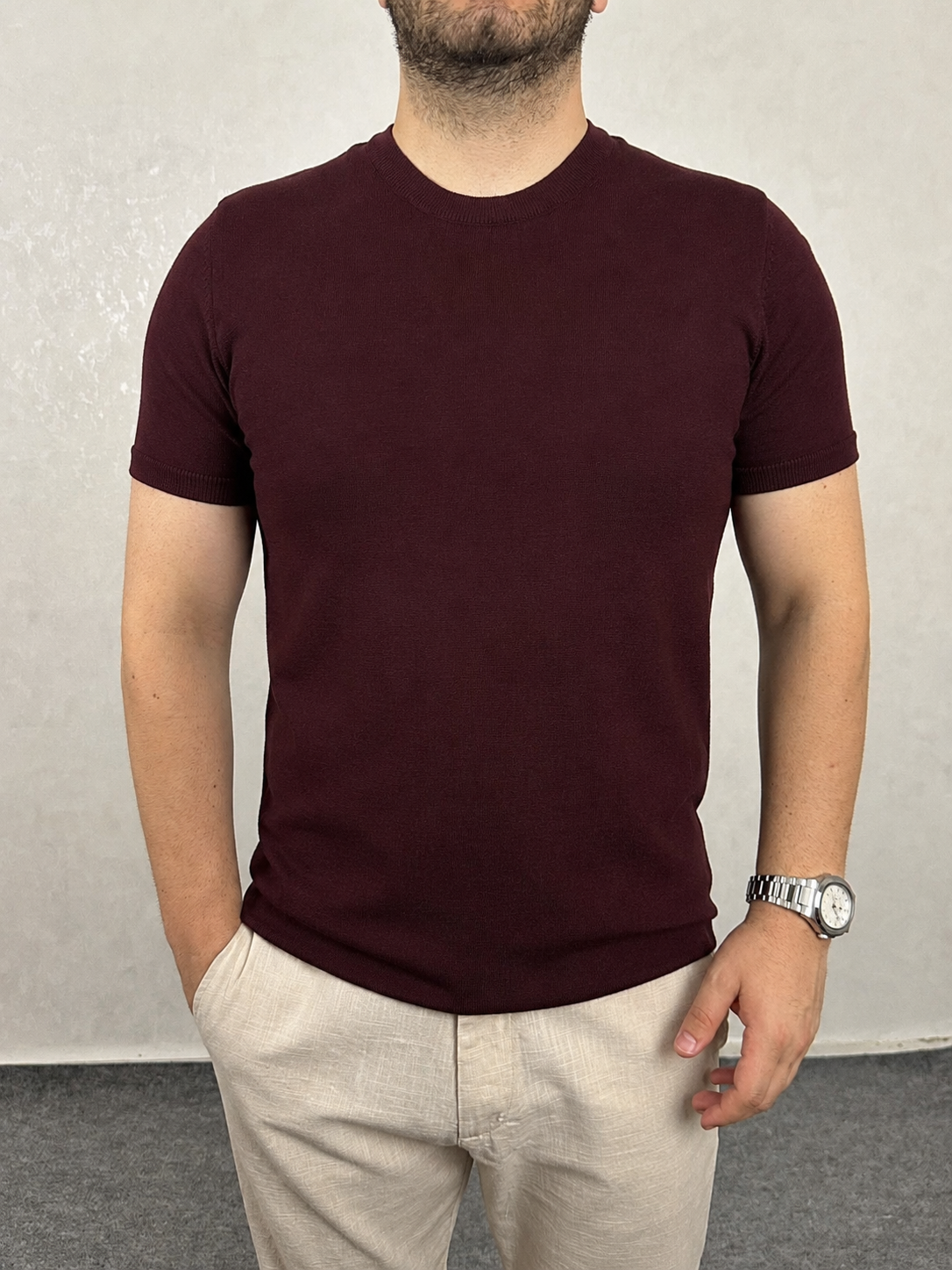 Basic Triko Bisiklet Yaka Tişört - Bordo