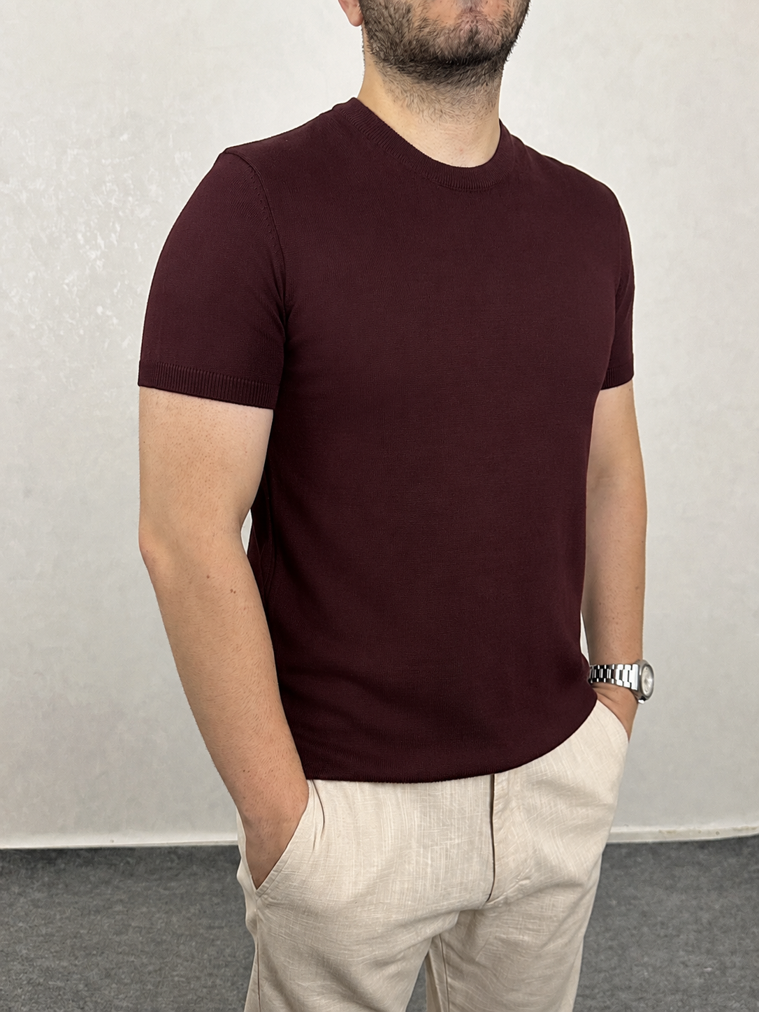 Basic Triko Bisiklet Yaka Tişört - Bordo