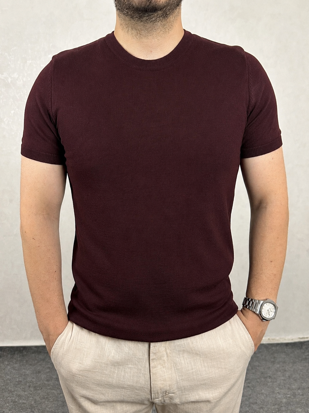 Basic Triko Bisiklet Yaka Tişört - Bordo