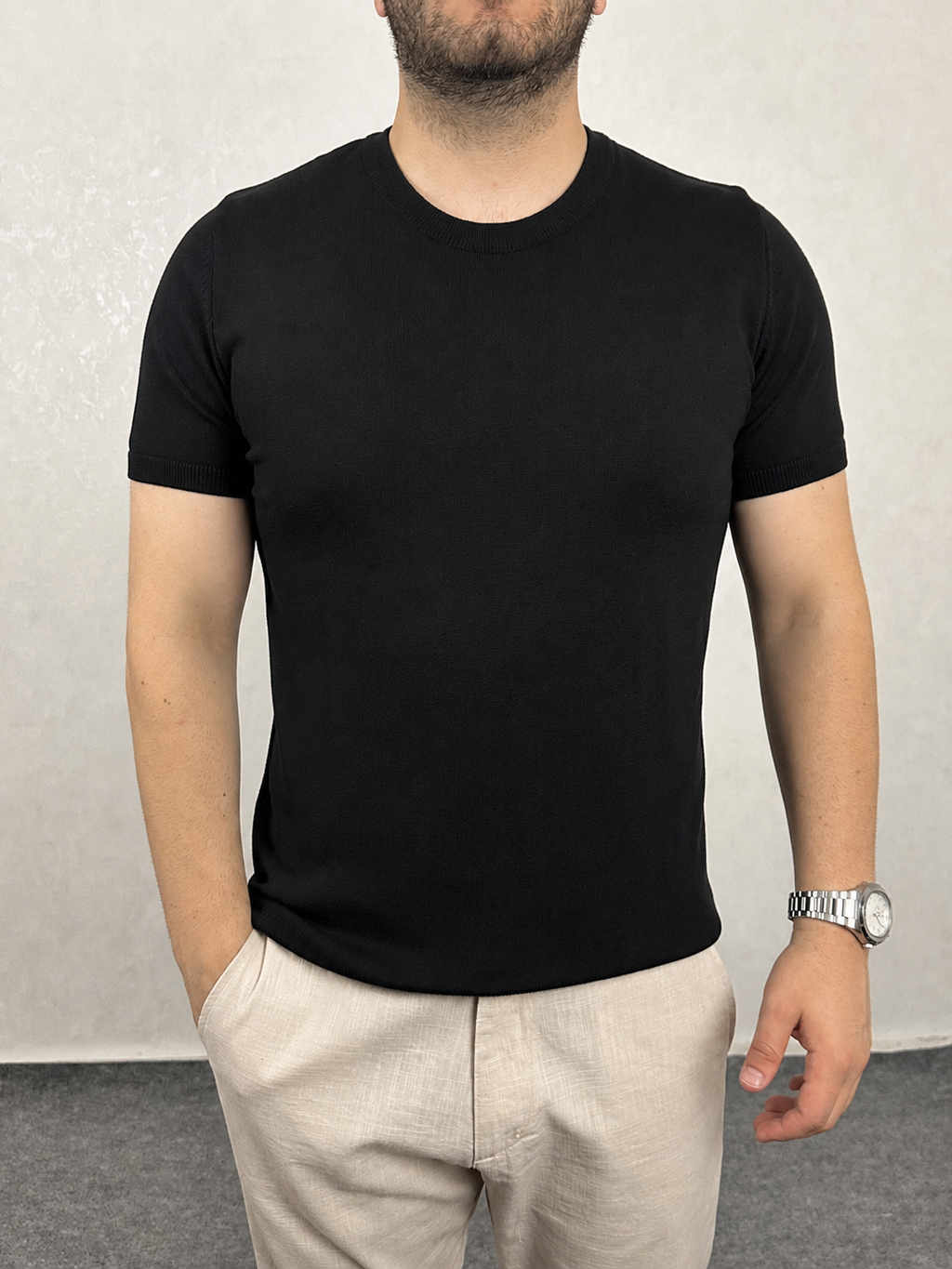 Basic Triko Bisiklet Yaka Tişört - Siyah