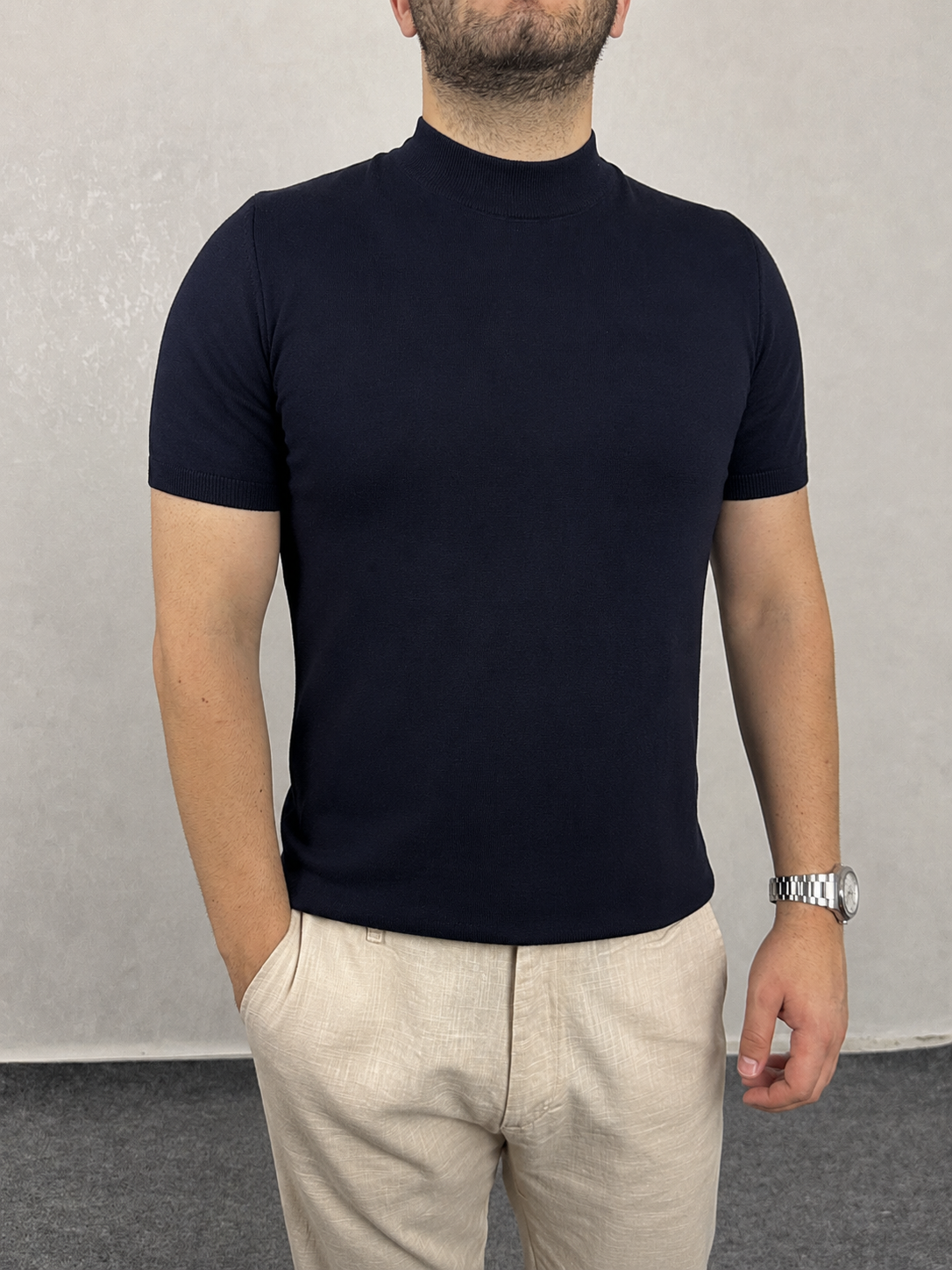 Basic Triko Yarım Balıkçı Bisiklet Yaka Tişört - Lacivert