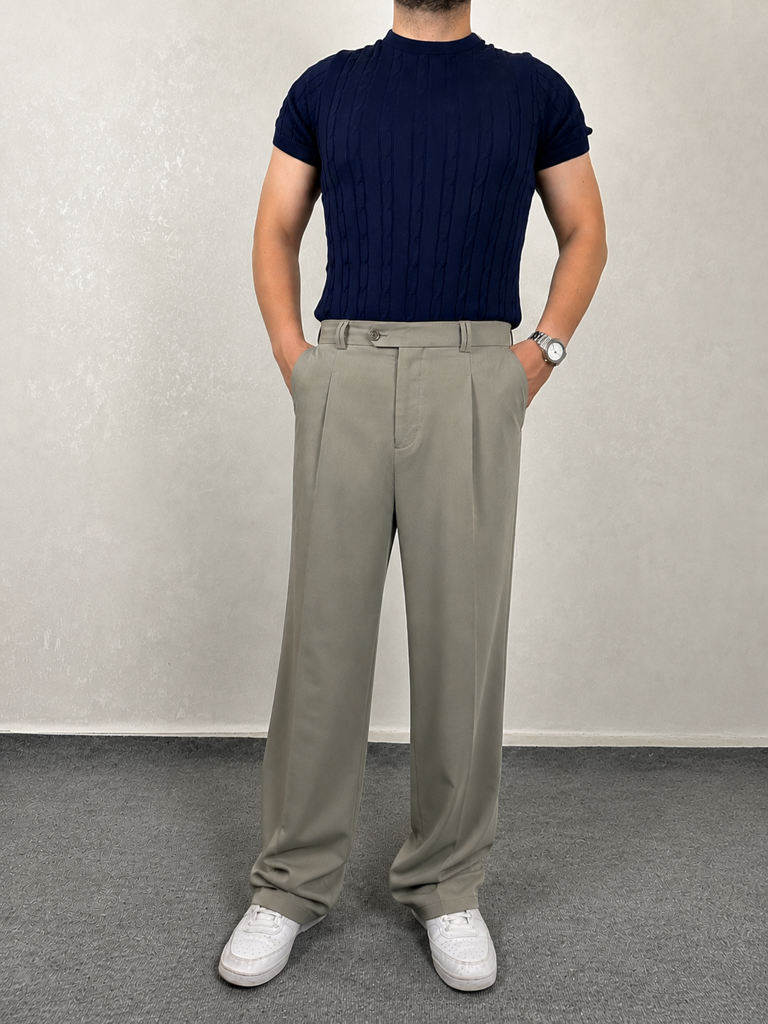 Pileli Kore Kesim Süper Baggy Kumaş Pantolon - Haki