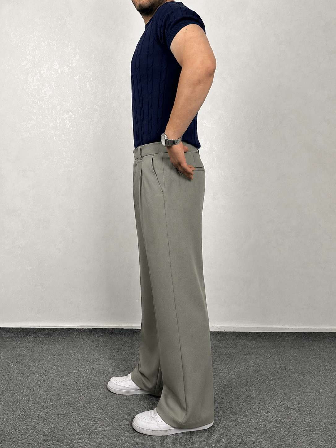 Pileli Kore Kesim Süper Baggy Kumaş Pantolon - Haki