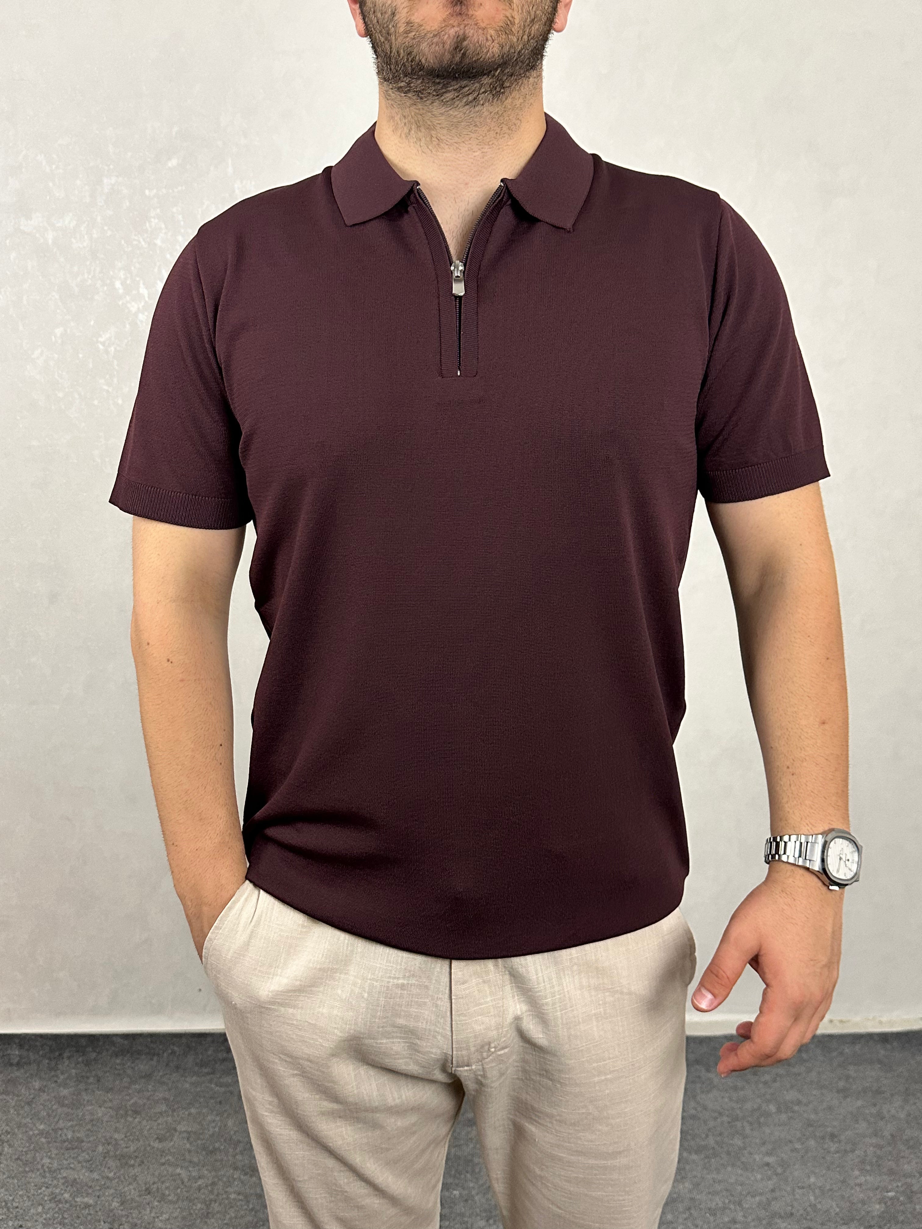 Fermuarlı Triko Polo Yaka Tişört - Bordo