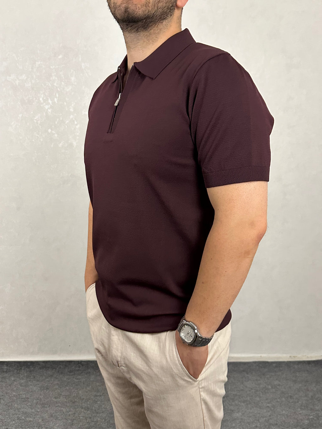 Fermuarlı Triko Polo Yaka Tişört - Bordo