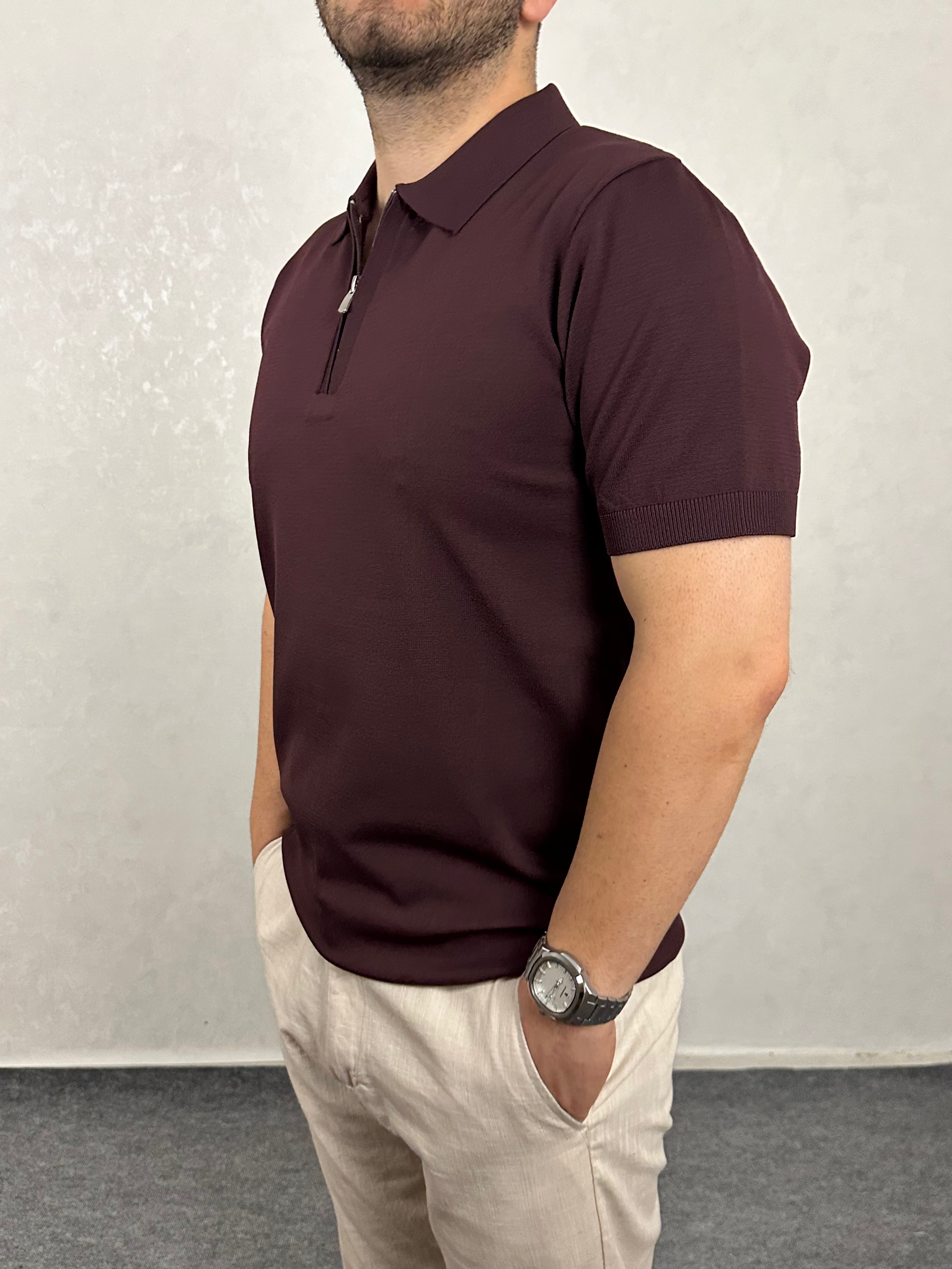 Fermuarlı Triko Polo Yaka Tişört - Bordo