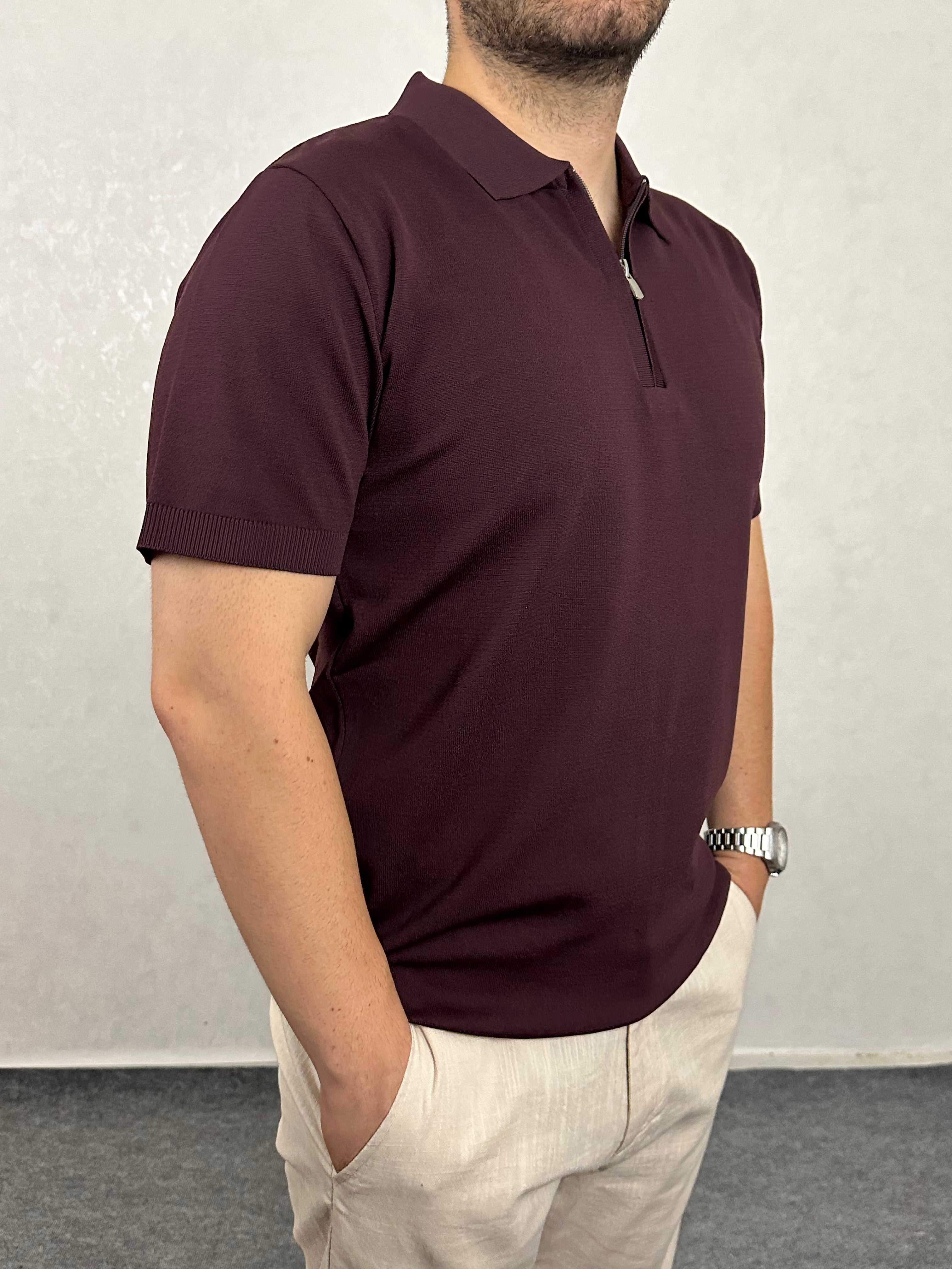 Fermuarlı Triko Polo Yaka Tişört - Bordo