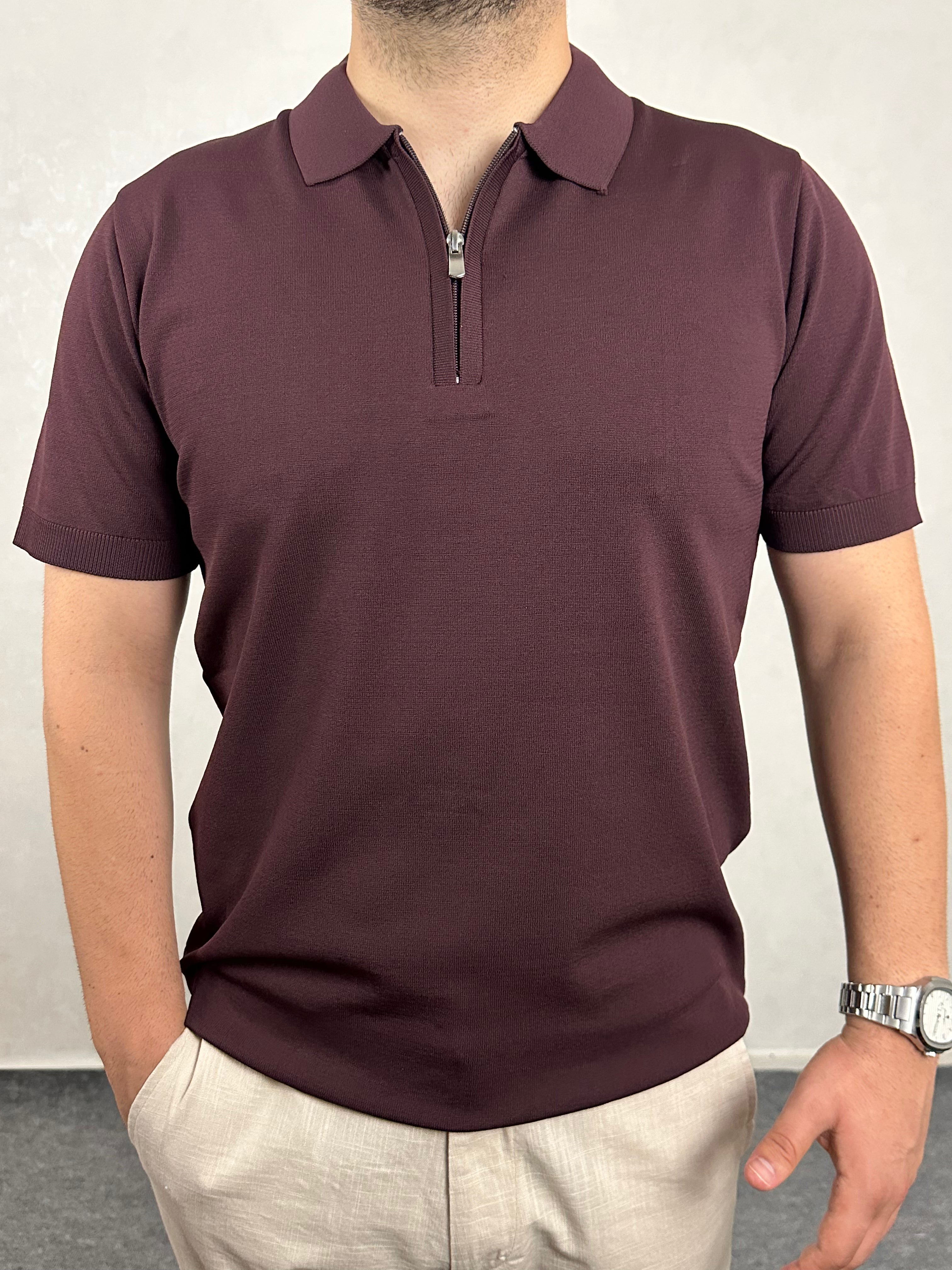 Fermuarlı Triko Polo Yaka Tişört - Bordo