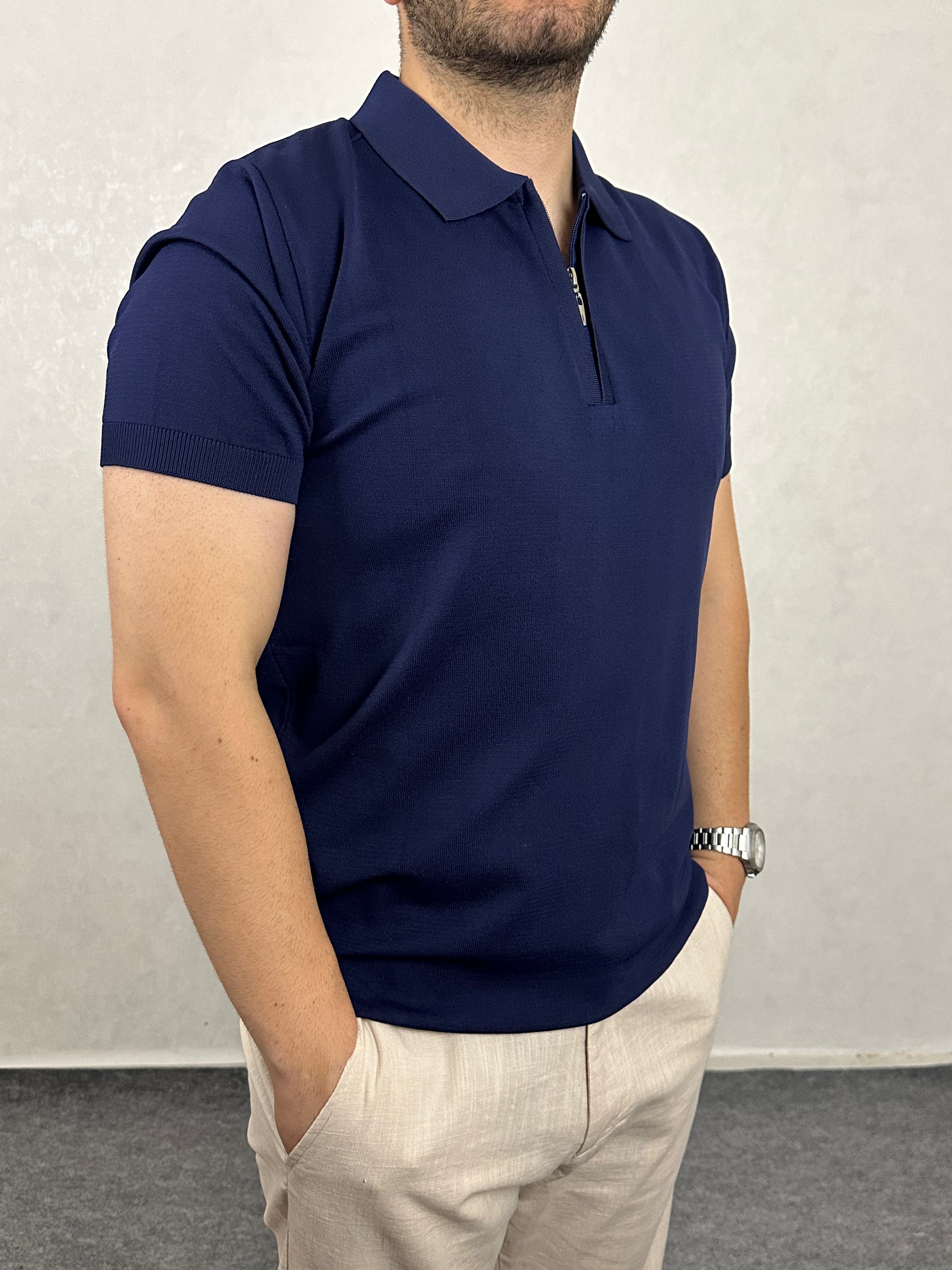 Fermuarlı Triko Polo Yaka Tişört - Lacivert