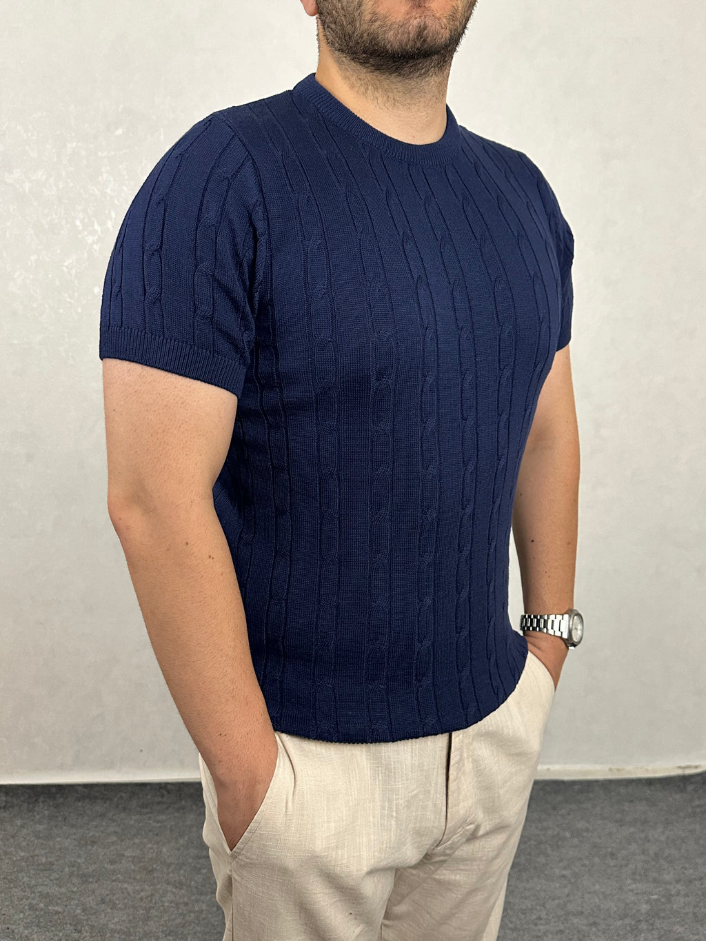 Pamuk Örgü Desenli Triko Bisiklet Yaka Tişört - Lacivert