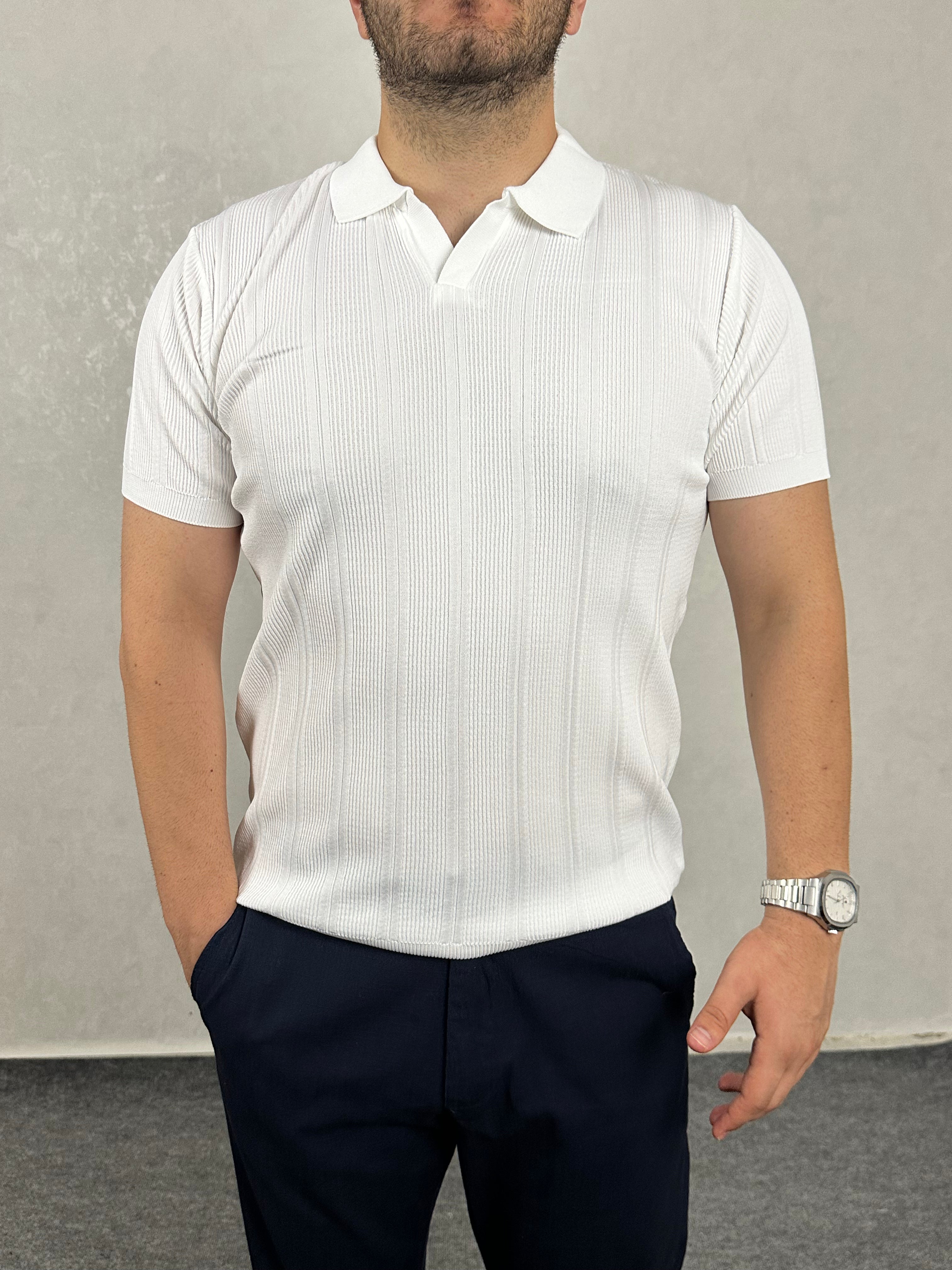 Çizgi Desenli Triko Polo Yaka Tişört - Beyaz