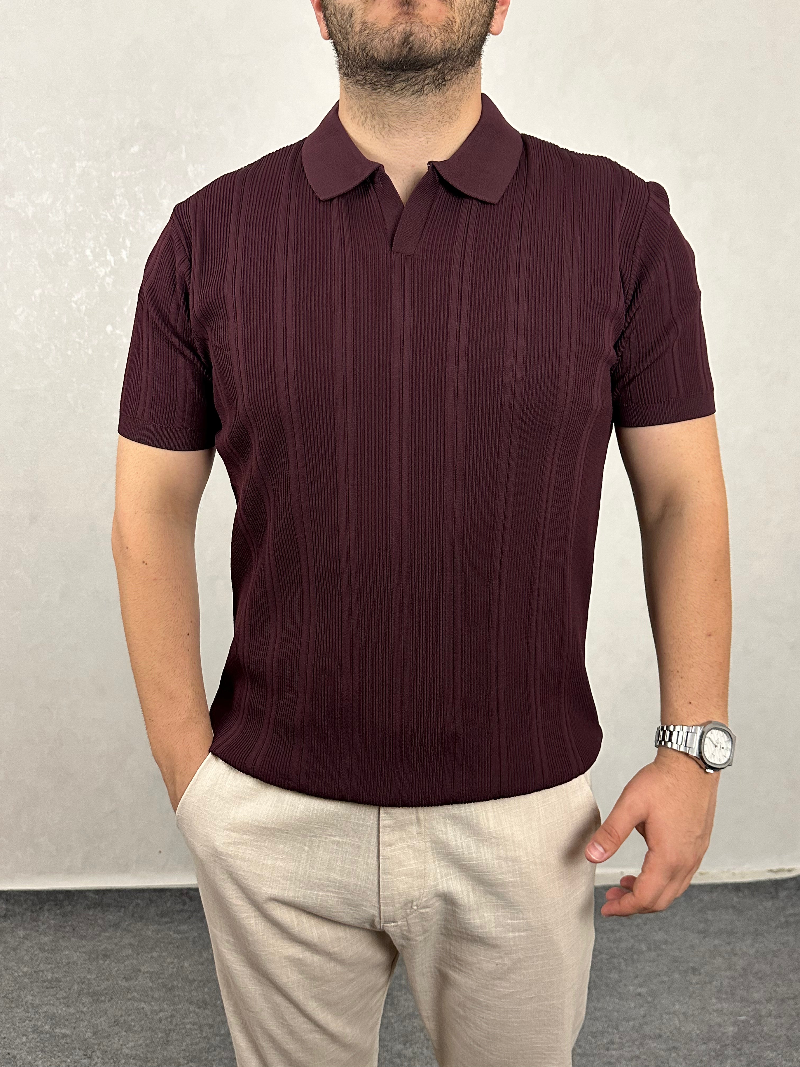 Çizgi Desenli Triko Polo Yaka Tişört - Bordo