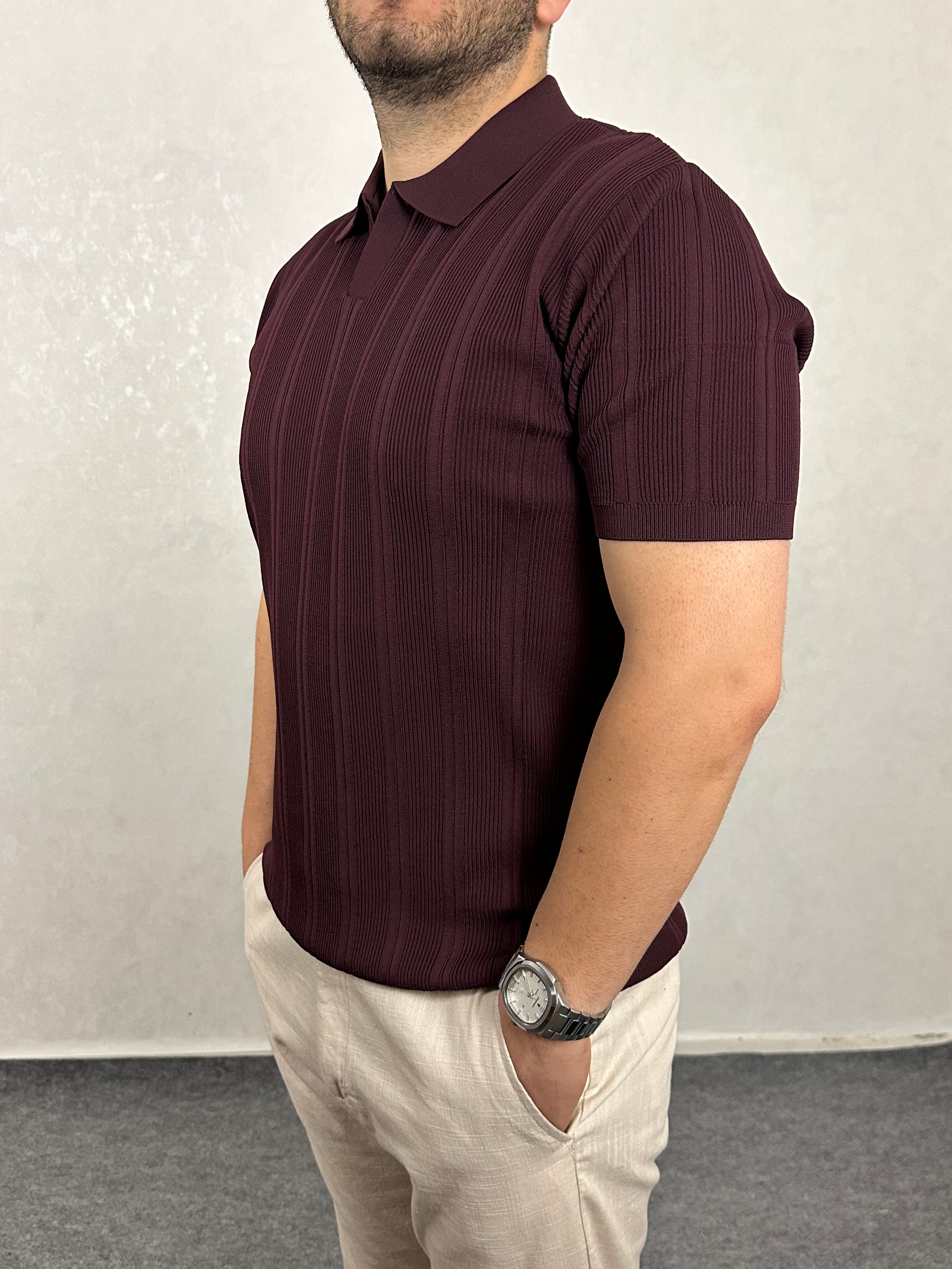 Çizgi Desenli Triko Polo Yaka Tişört - Bordo
