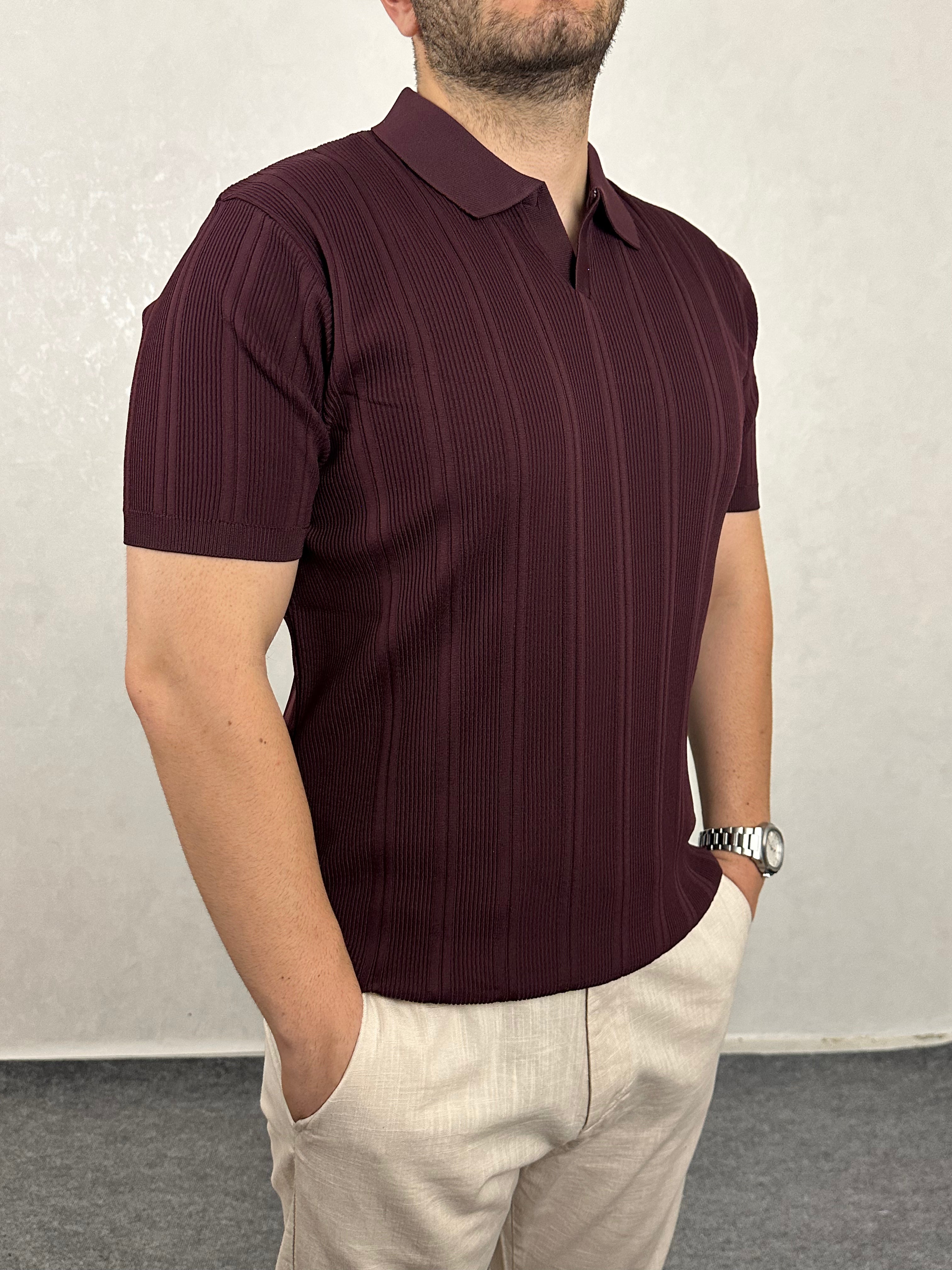 Çizgi Desenli Triko Polo Yaka Tişört - Bordo