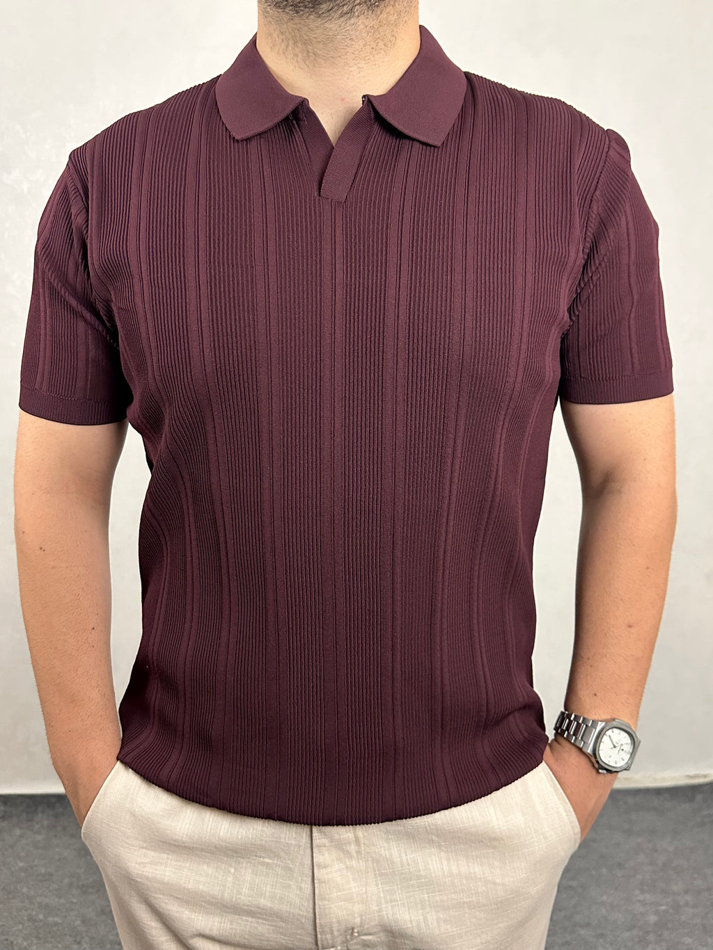 Çizgi Desenli Triko Polo Yaka Tişört - Bordo