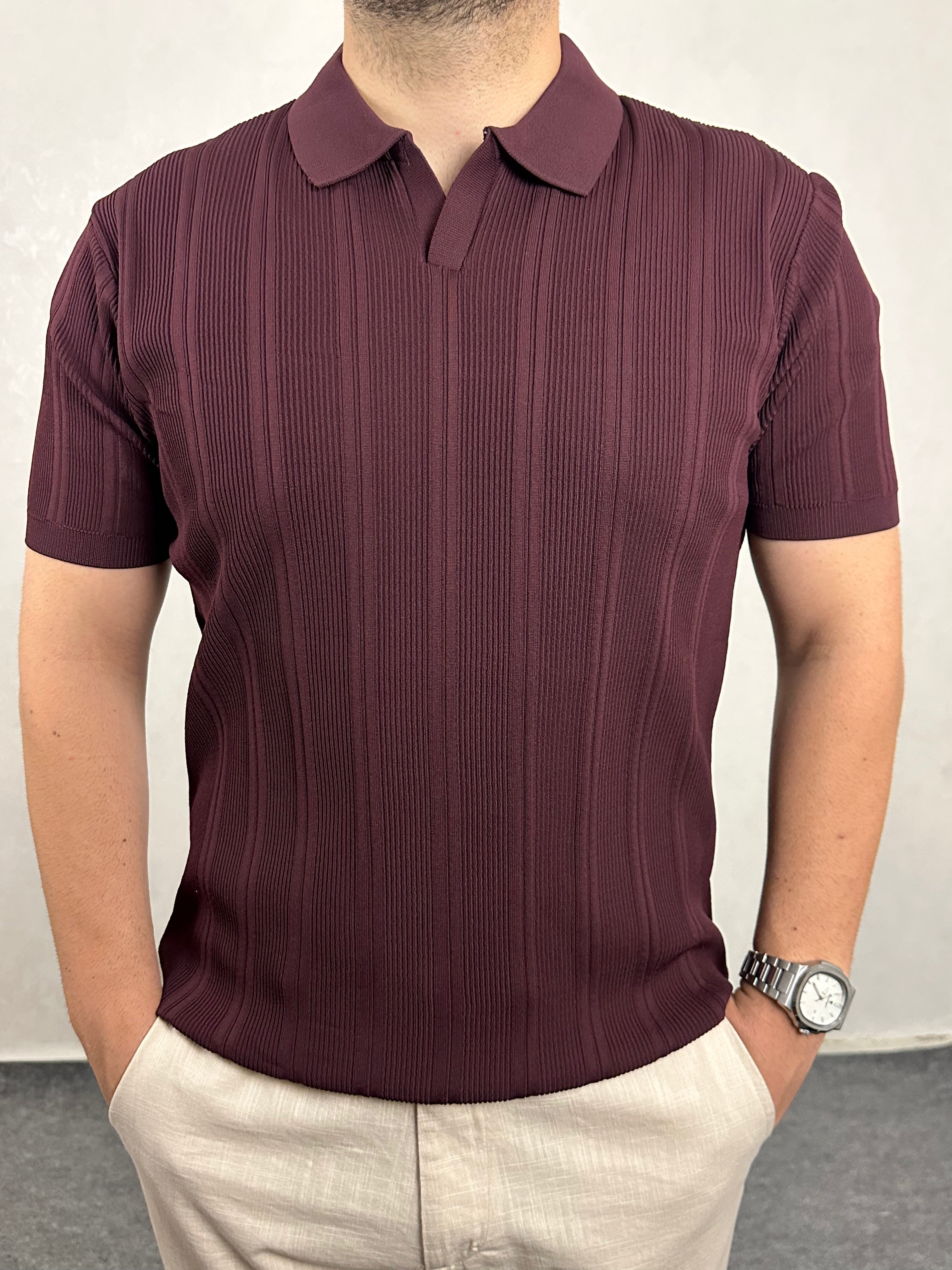 Çizgi Desenli Triko Polo Yaka Tişört - Bordo