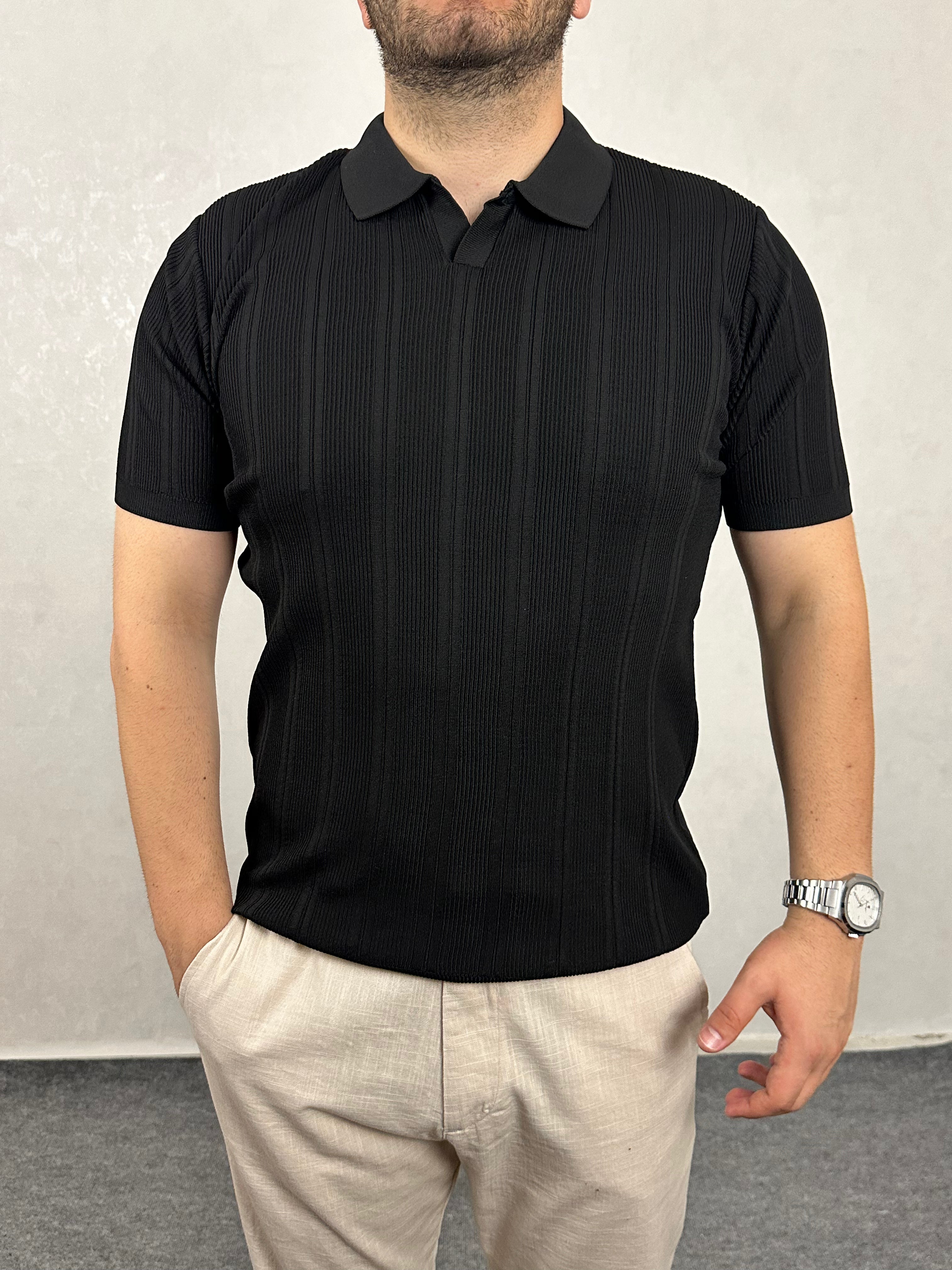 Çizgi Desenli Triko Polo Yaka Tişört - Siyah
