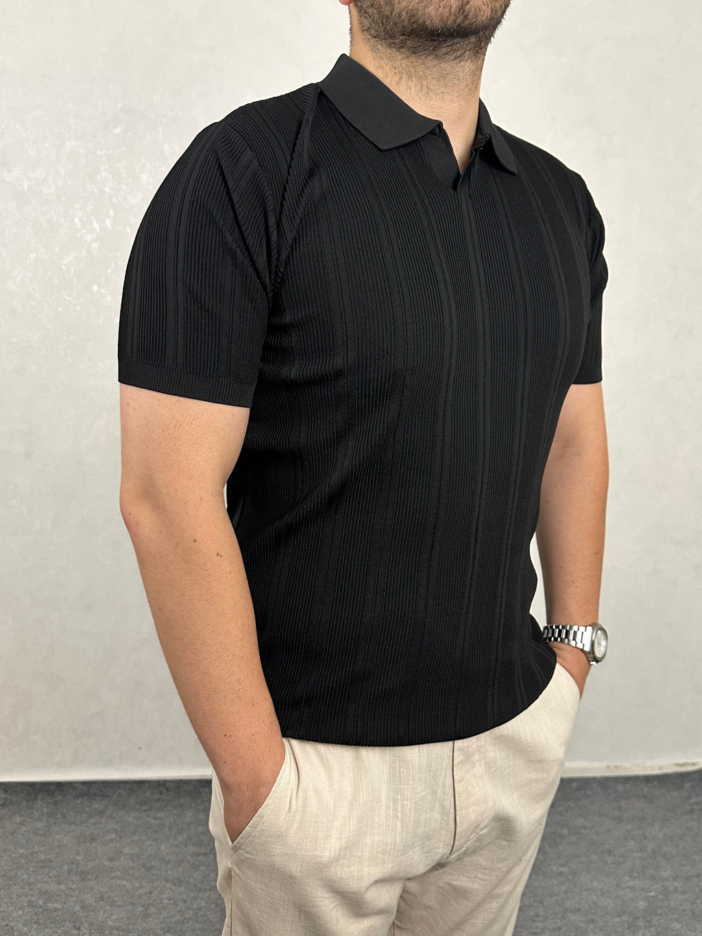 Çizgi Desenli Triko Polo Yaka Tişört - Siyah