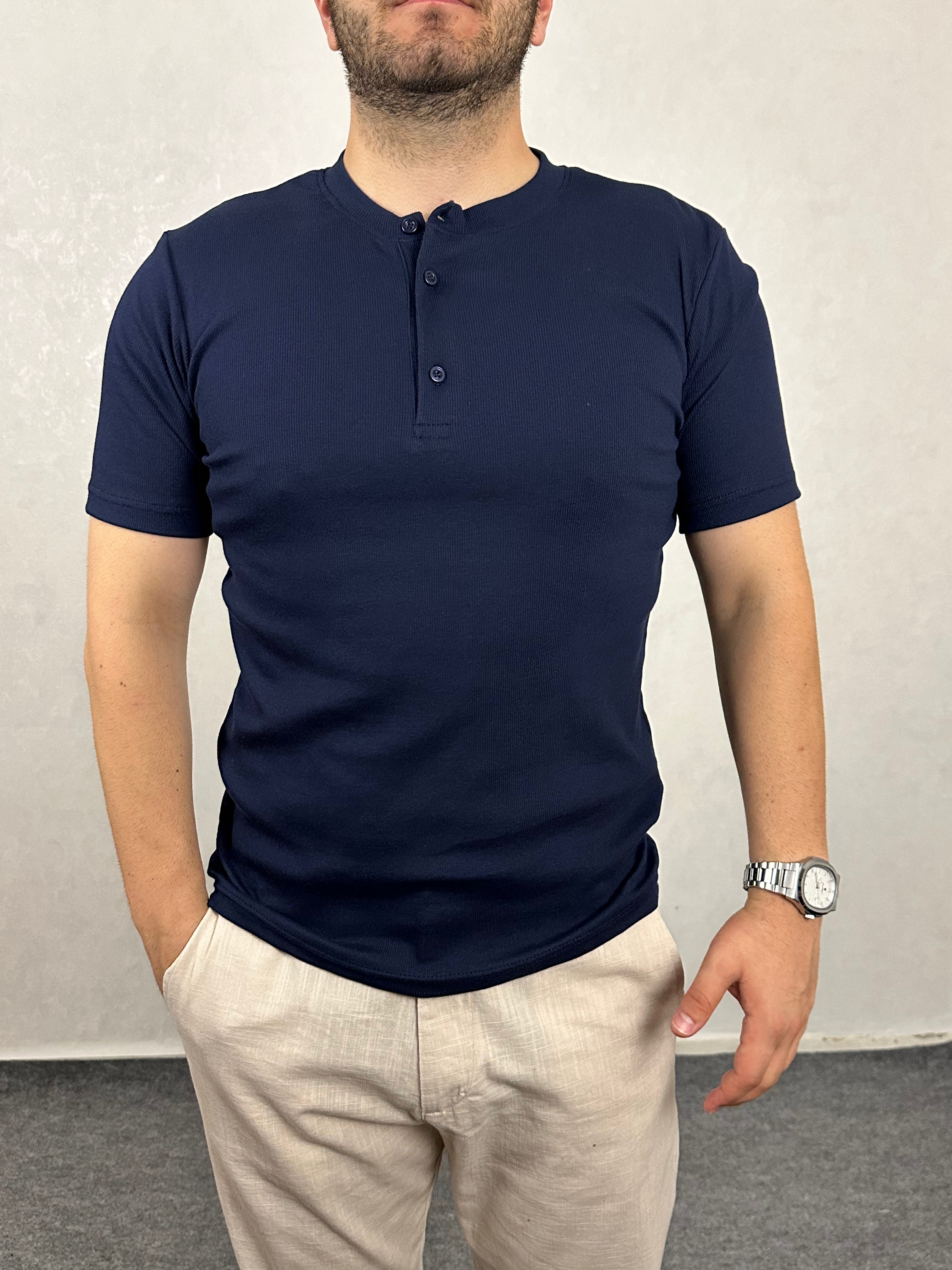 Basic Hanley Yaka Tişört - Lacivert