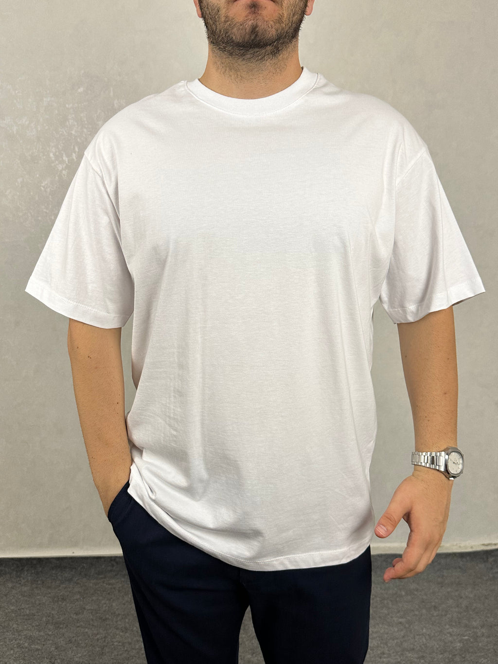 Oversize Bisiklet Yaka Tişört - Beyaz