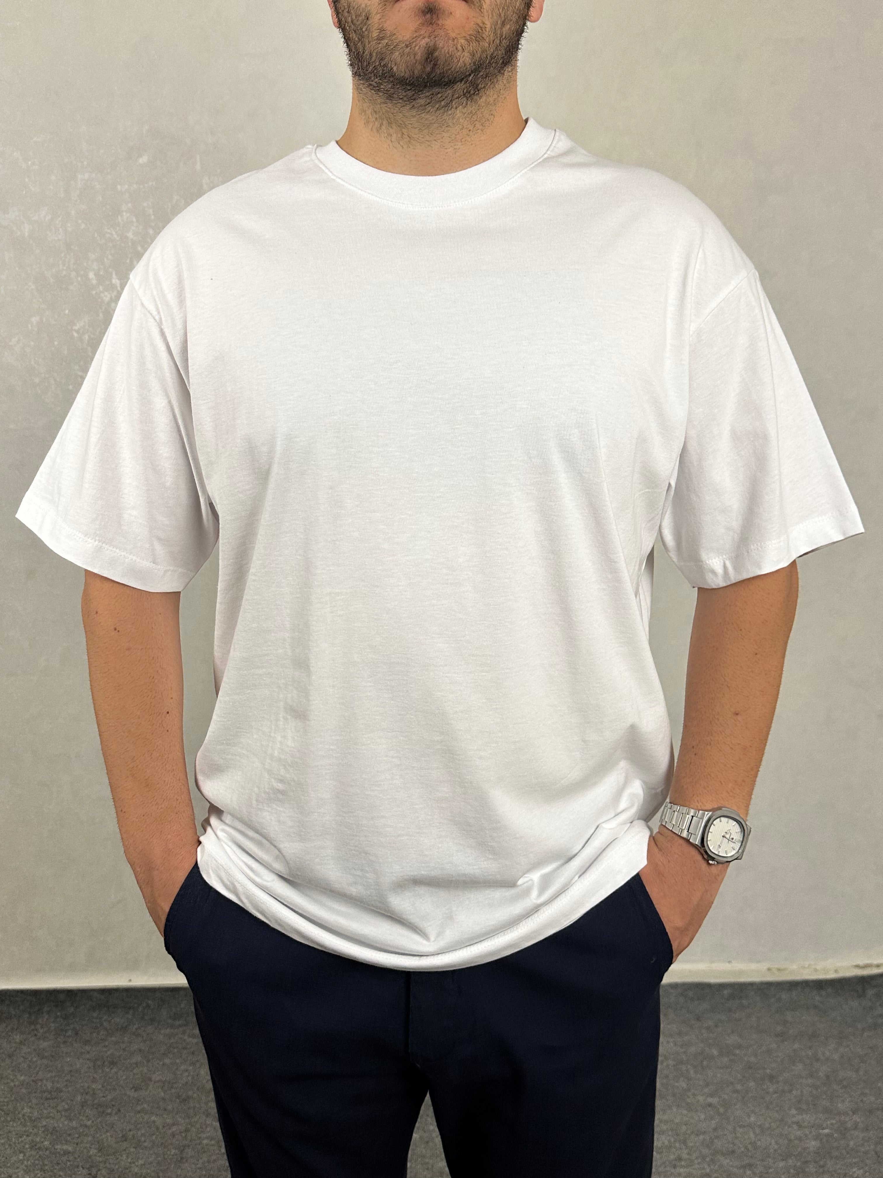 Oversize Bisiklet Yaka Tişört - Beyaz