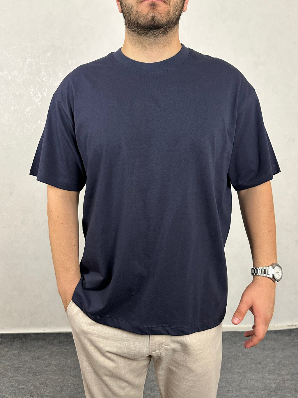 Oversize Bisiklet Yaka Tişört - Lacivert