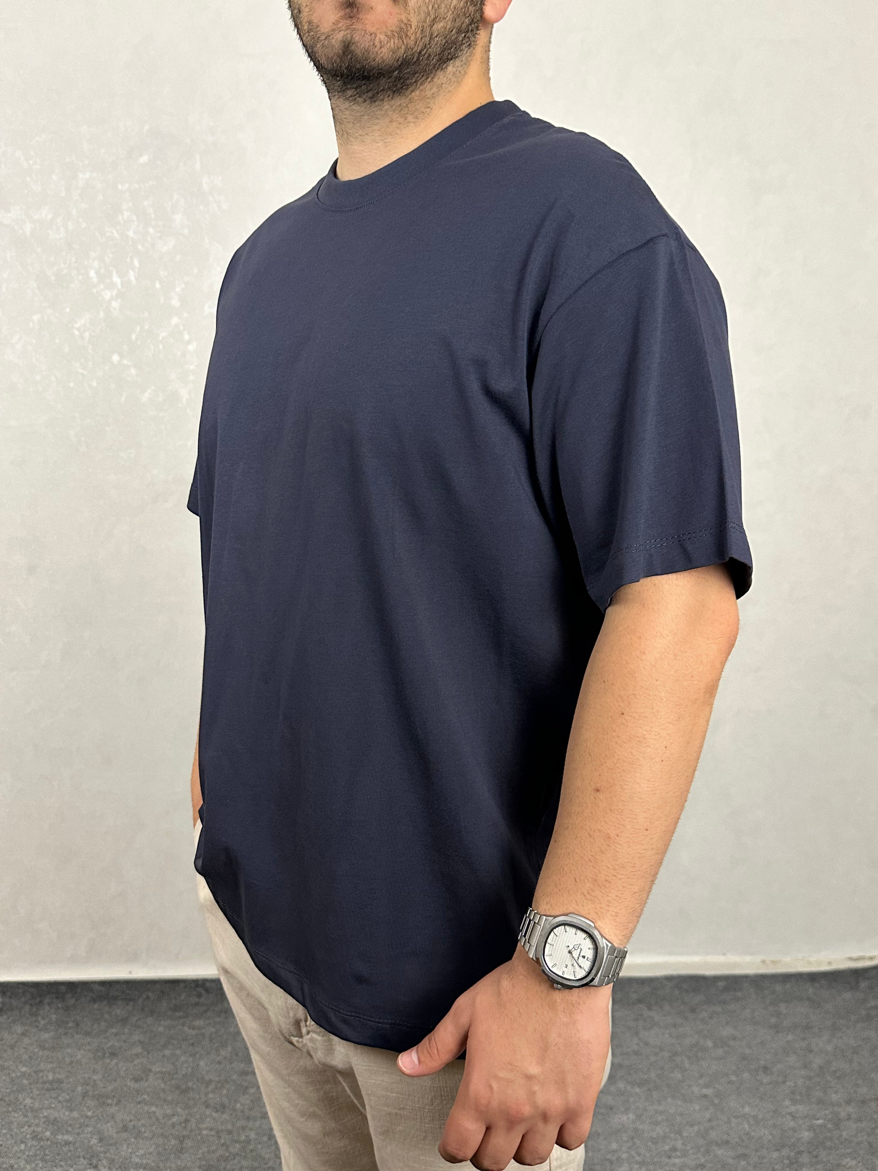 Oversize Bisiklet Yaka Tişört - Lacivert