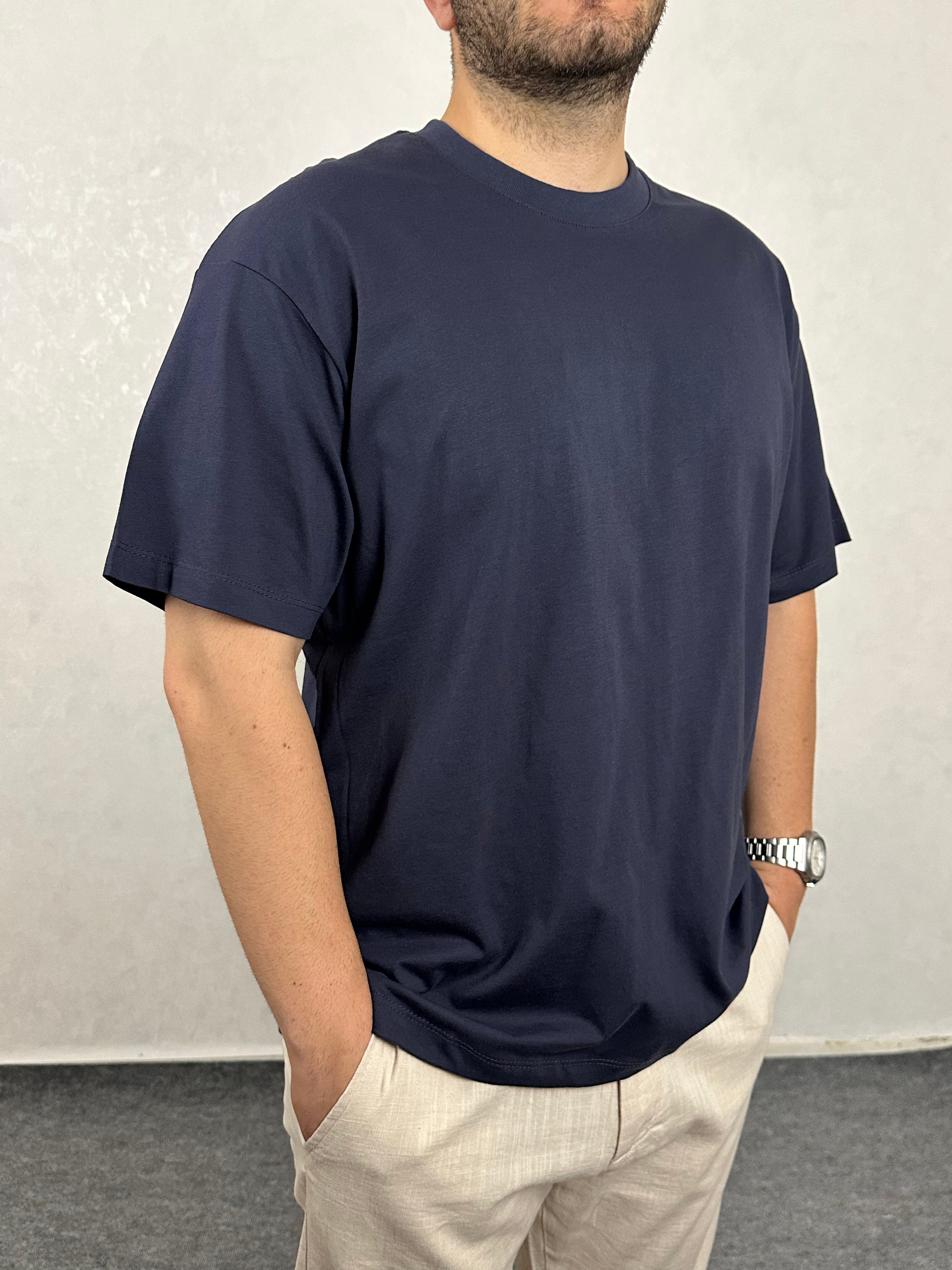 Oversize Bisiklet Yaka Tişört - Lacivert