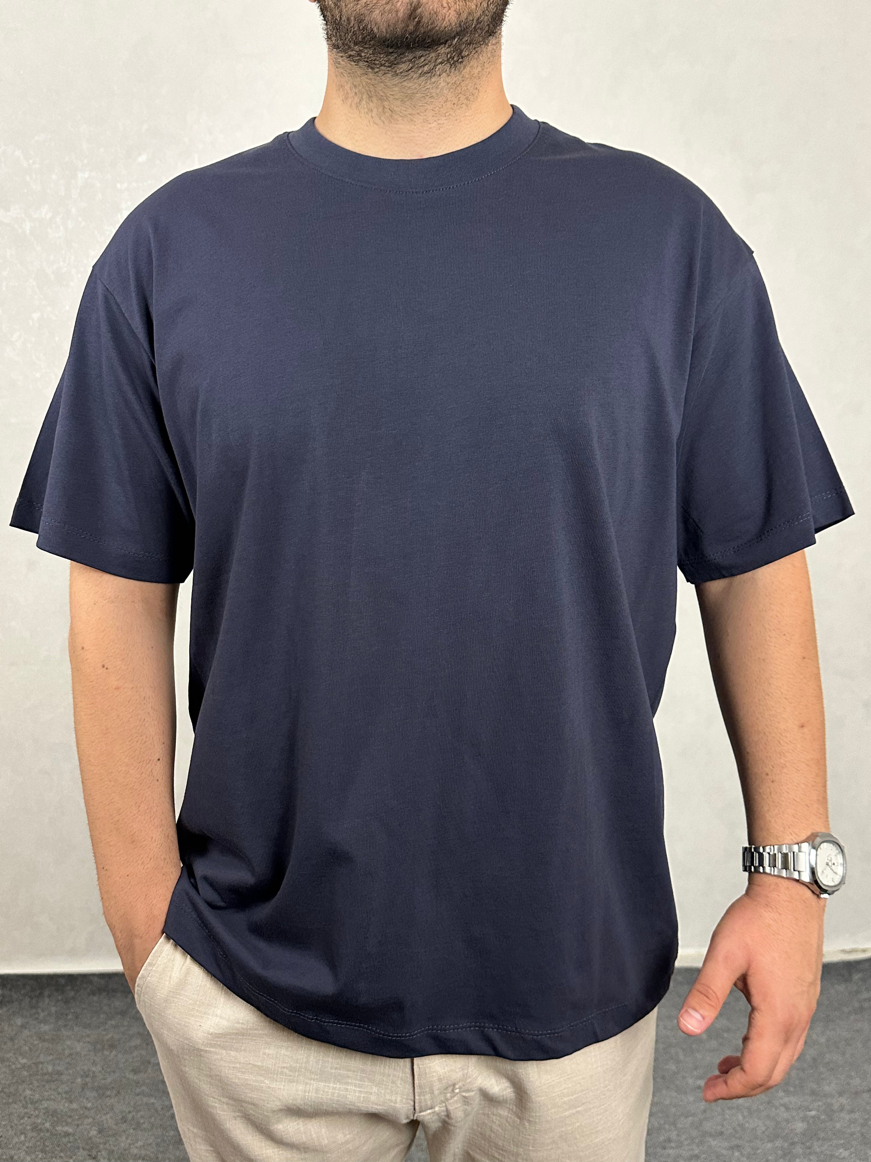 Oversize Bisiklet Yaka Tişört - Lacivert