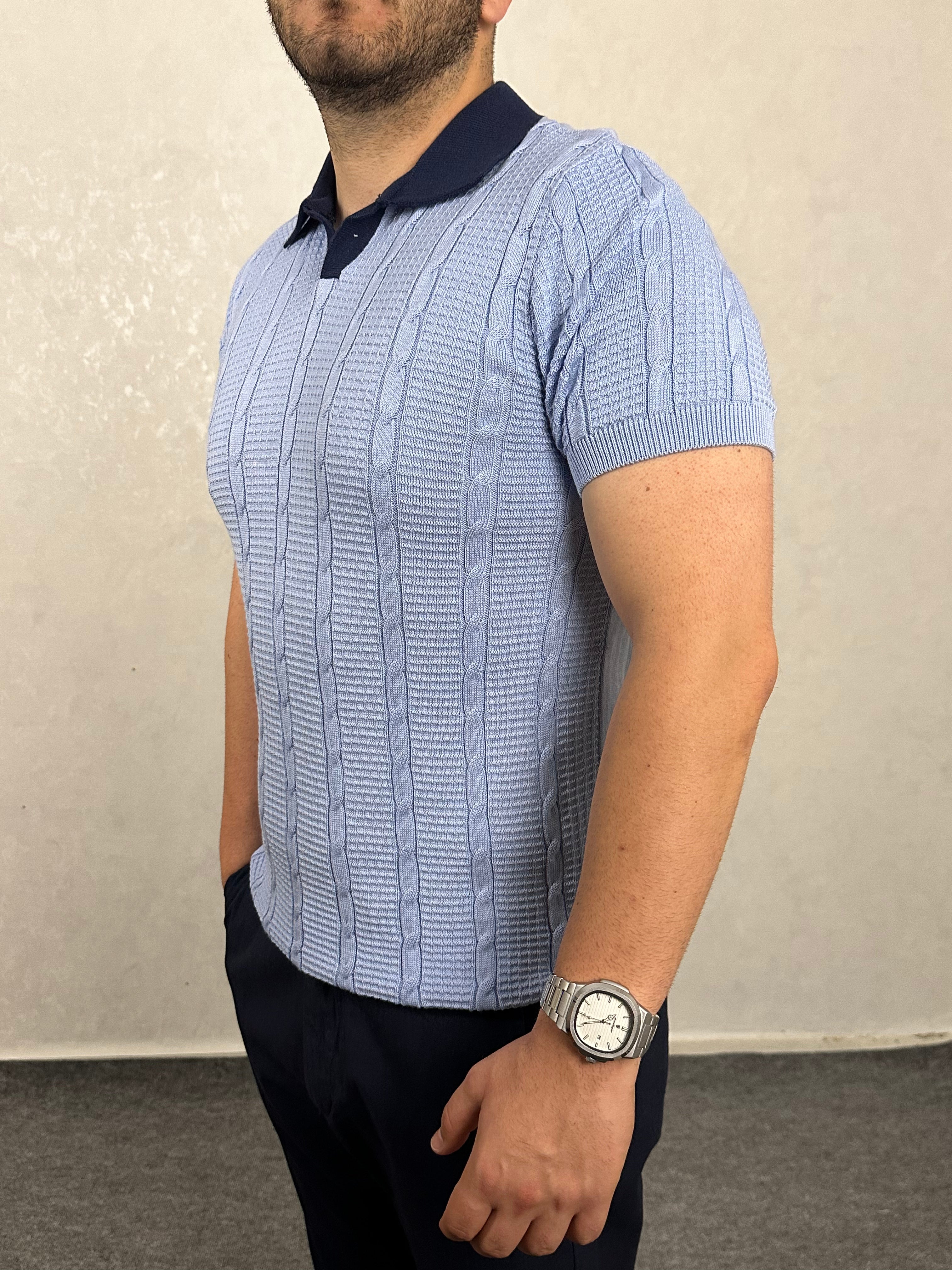 Pamuk Örgü Desenli Triko Polo Yaka Tişört - Bebemavi