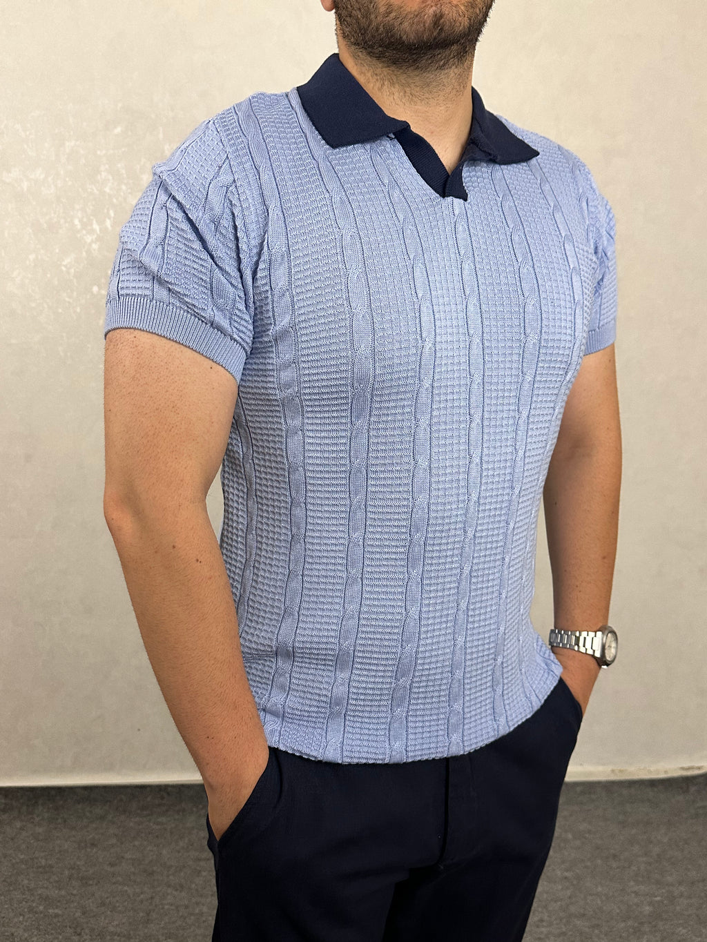 Pamuk Örgü Desenli Triko Polo Yaka Tişört - Bebemavi
