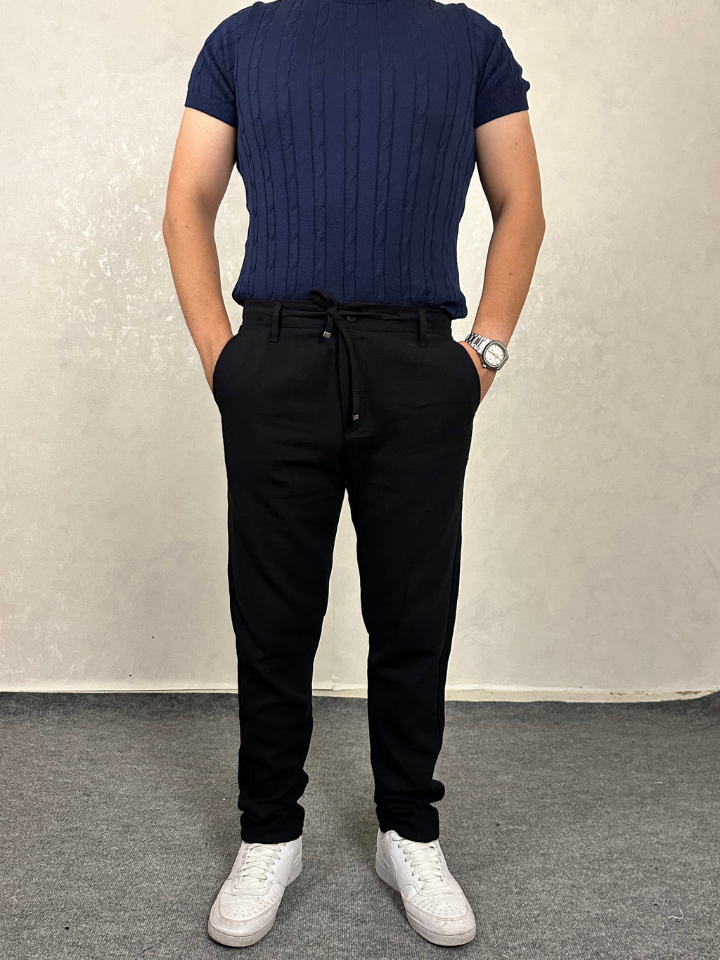 Beli Lastikli Keten Pantolon - Siyah