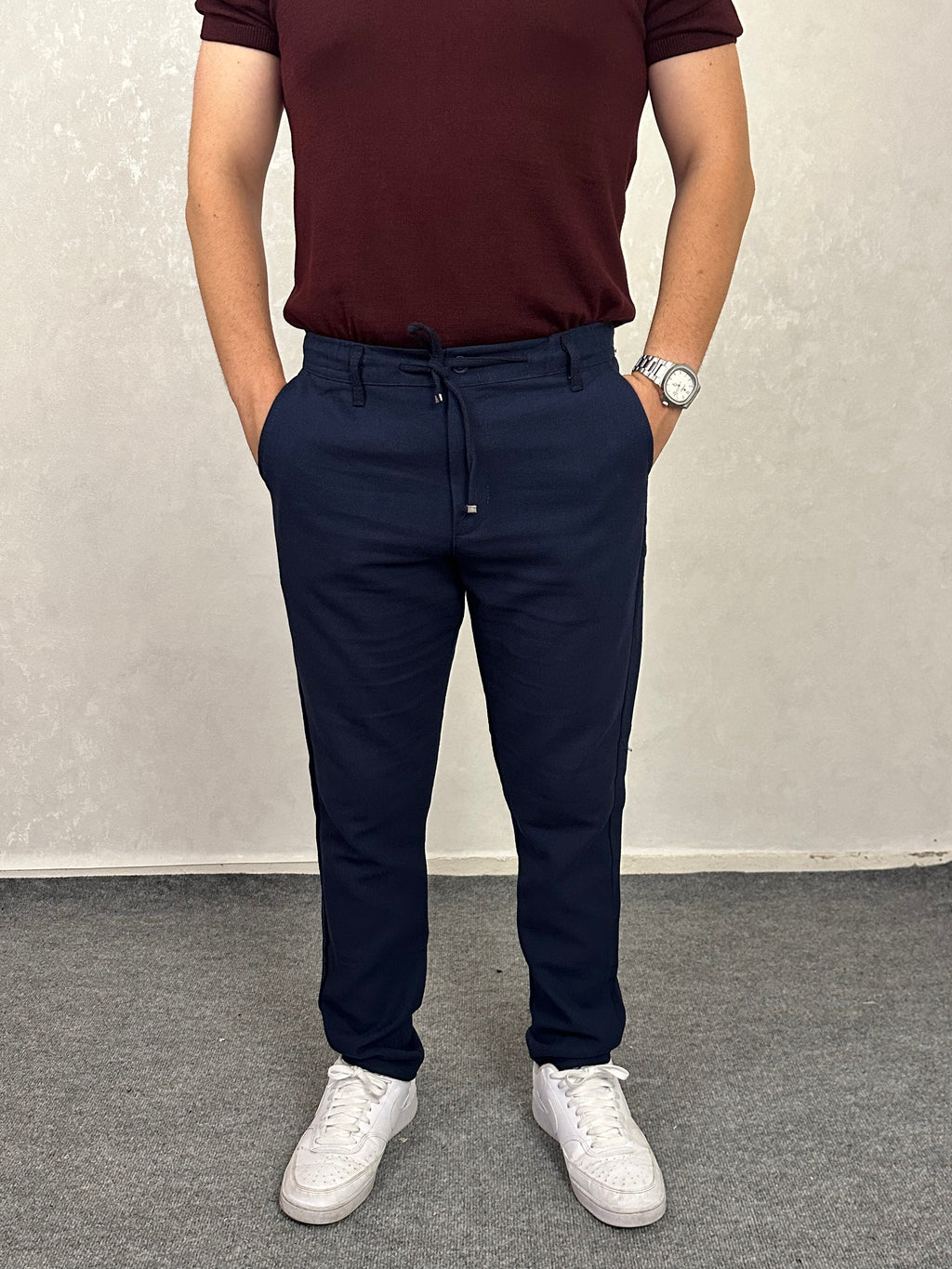 Beli Lastikli Keten Pantolon - Lacivert