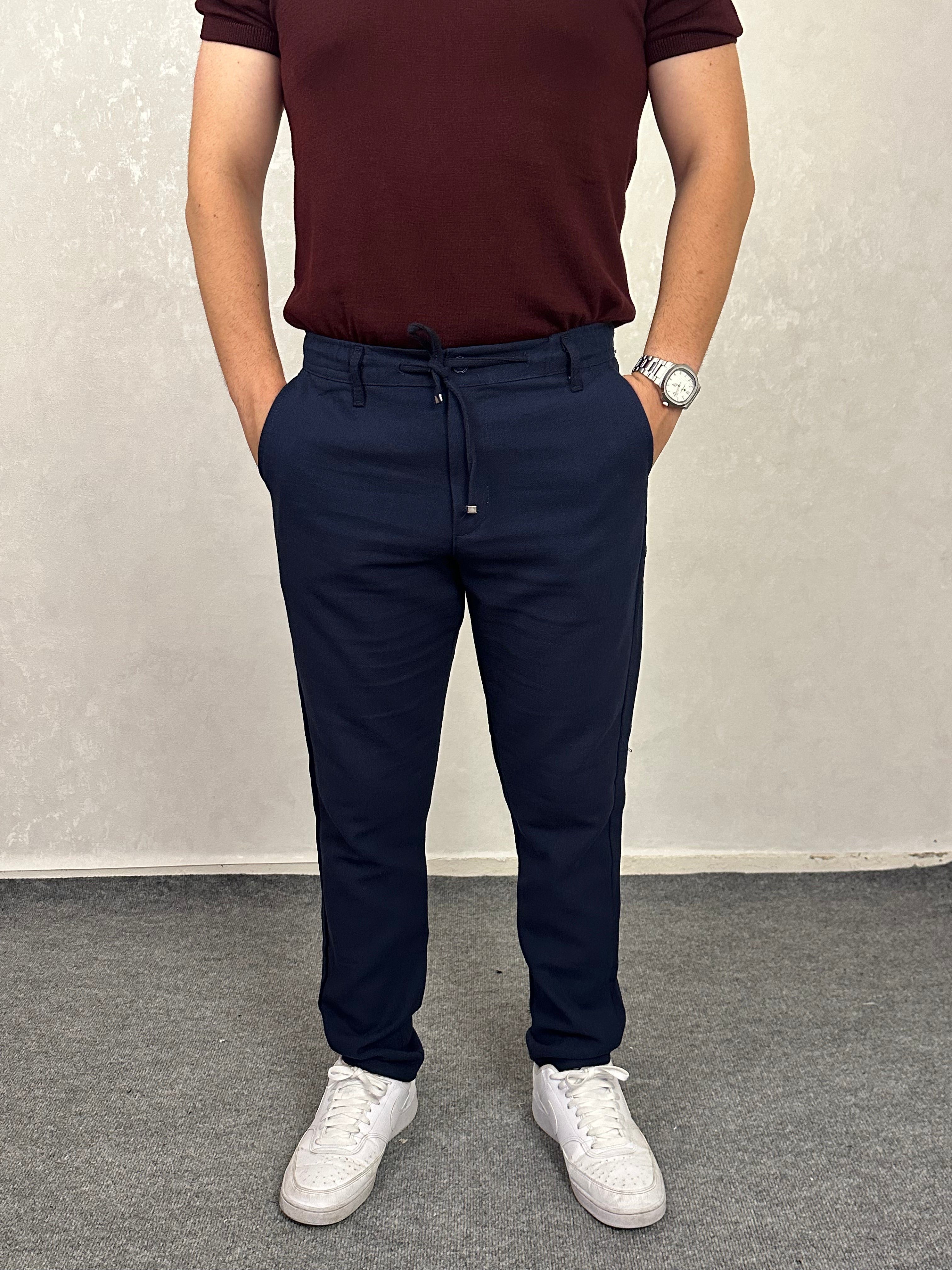 Beli Lastikli Keten Pantolon - Lacivert
