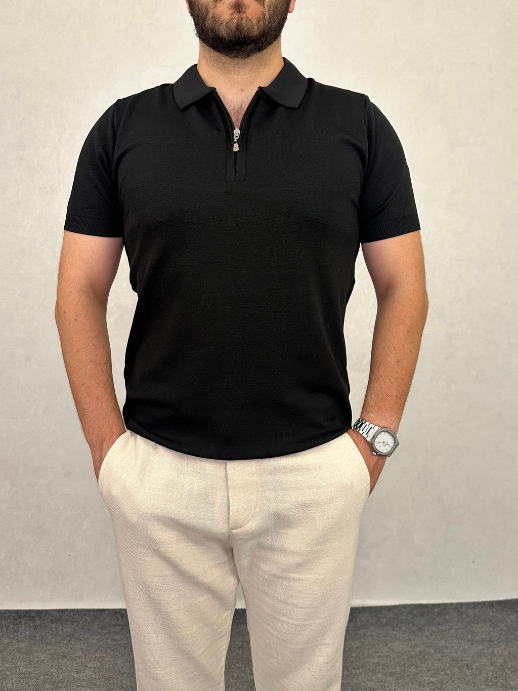 Fermuarlı Triko Polo Yaka Tişört - Siyah