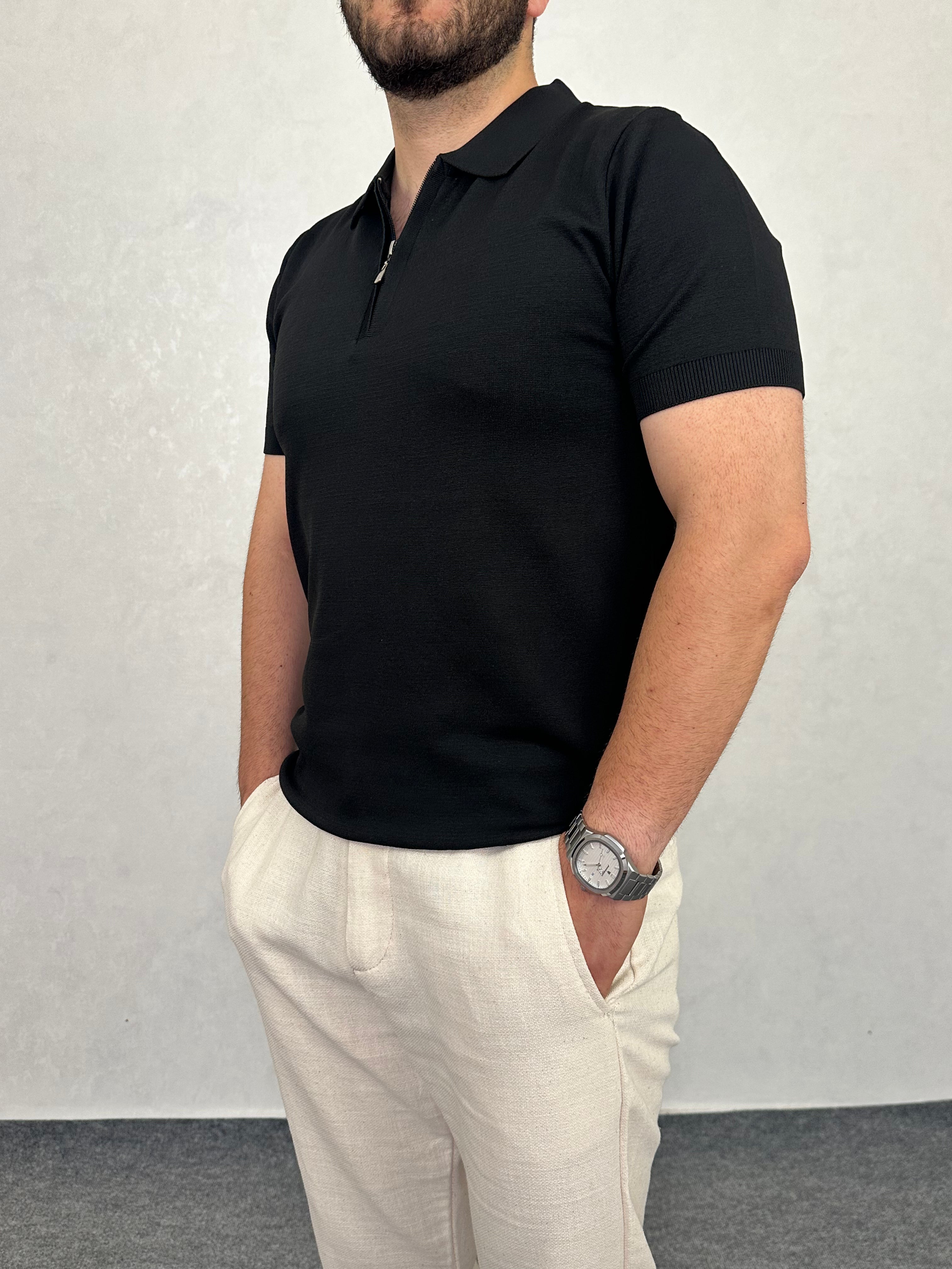 Fermuarlı Triko Polo Yaka Tişört - Siyah