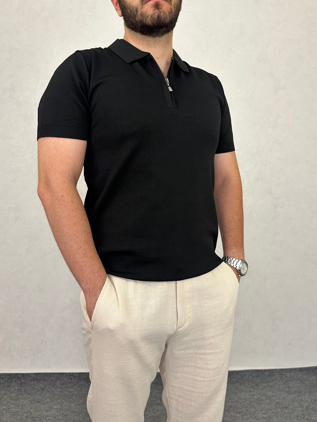 Fermuarlı Triko Polo Yaka Tişört - Siyah