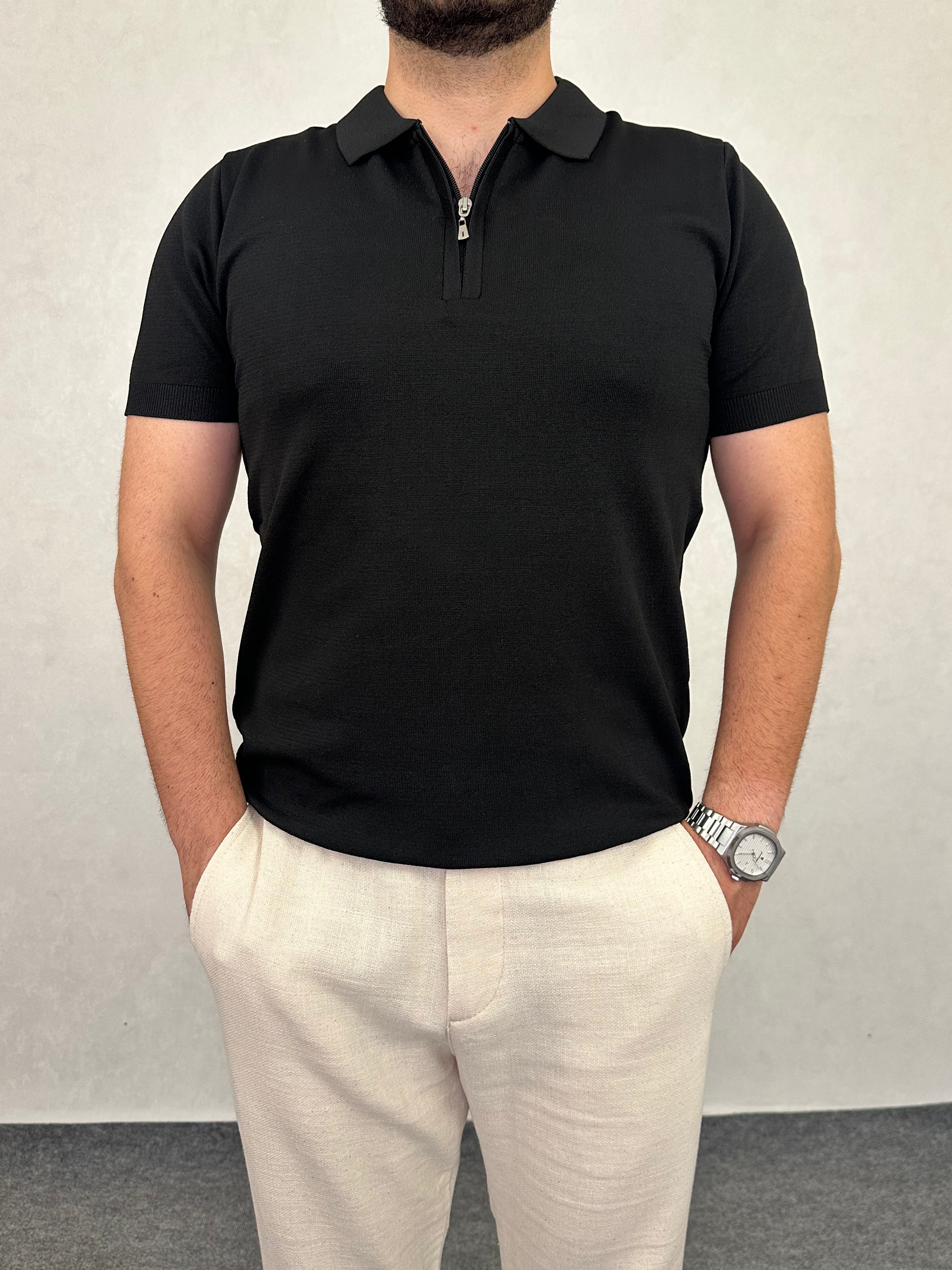 Fermuarlı Triko Polo Yaka Tişört - Siyah